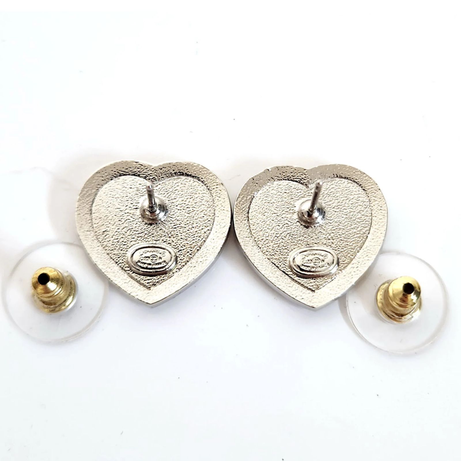 Chanel Coco Mark Heart-Shaped Stud Earrings Black Silvery 