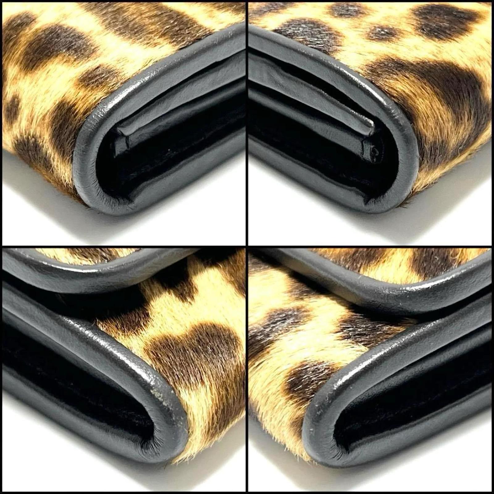 財布 Vintage Prada Leopard Ponyhair Wallet PRADA Vintage Logo Animal Print Wallet Calf Hair Zip Snap Brown
