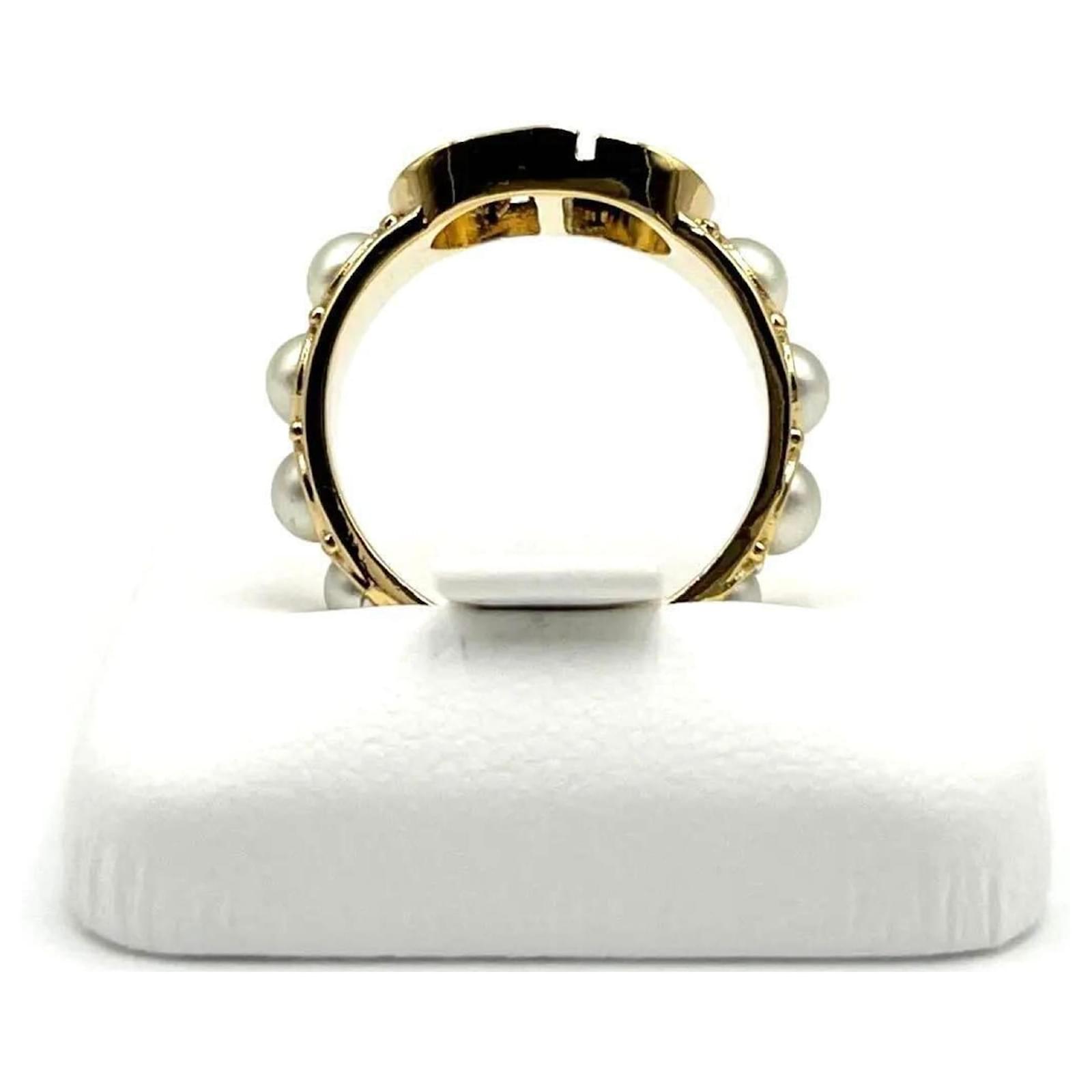 Christian Dior Women's Pearl Ring 30 Montaigne Golden Metal