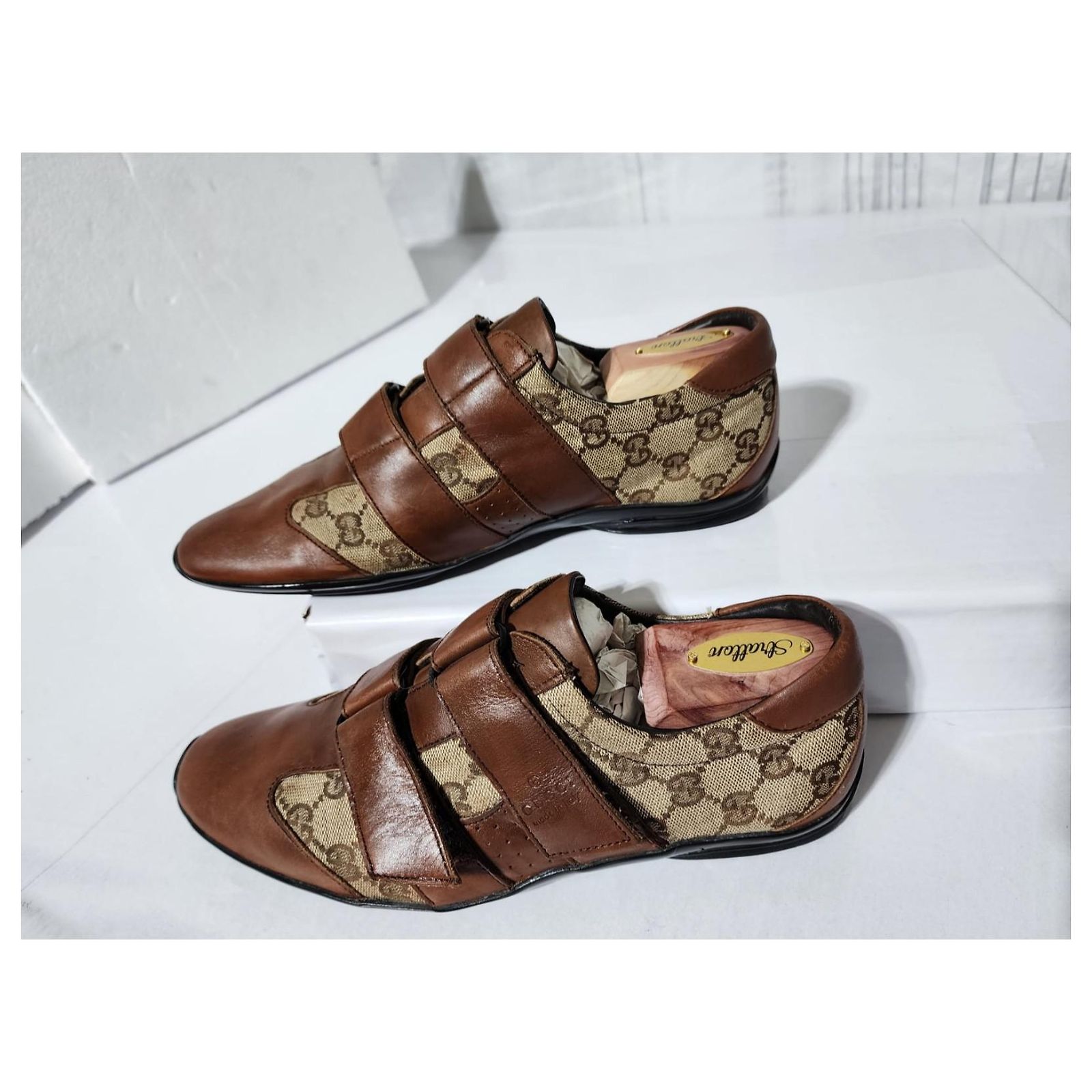 Gucci Leather And GG Canvas Velcro Sneakers Size 40 Brown 