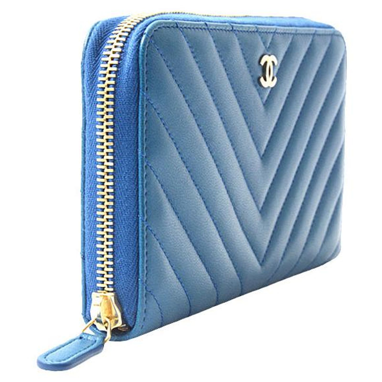 Chanel V Stitch Chevron Lambskin Long Wallet Blue Leather  display picture 1