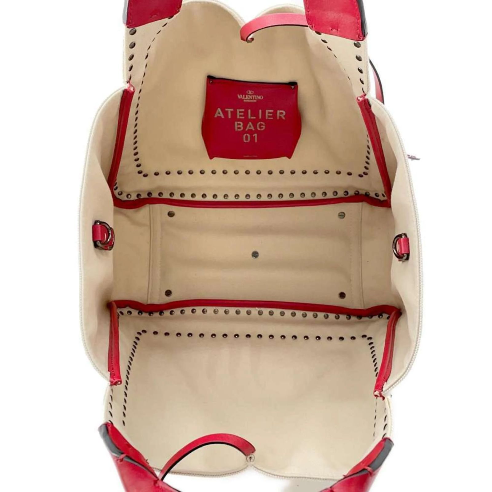 Valentino Garavani Tote Bag Atelier 01 Red Cream Leather Cloth ref 