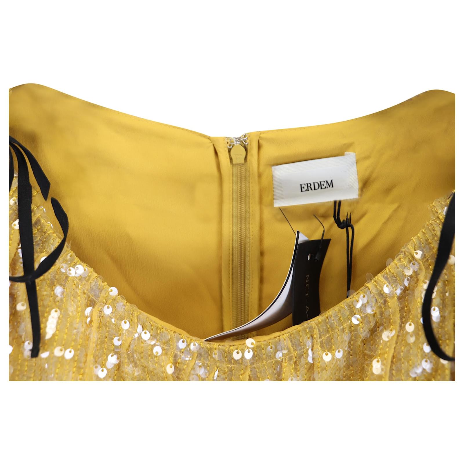 Erdem Tie-Detailed Tiered Sequined Crepe de Chine Gown in Yellow Viscose Cellulose fibre ref.1545522 - Joli Closet Erdem Tie-Detailed Tiered Sequined Crepe de Chine Gown in Yellow Viscose Cellulose fibre ref.1545522 - Joli Closet