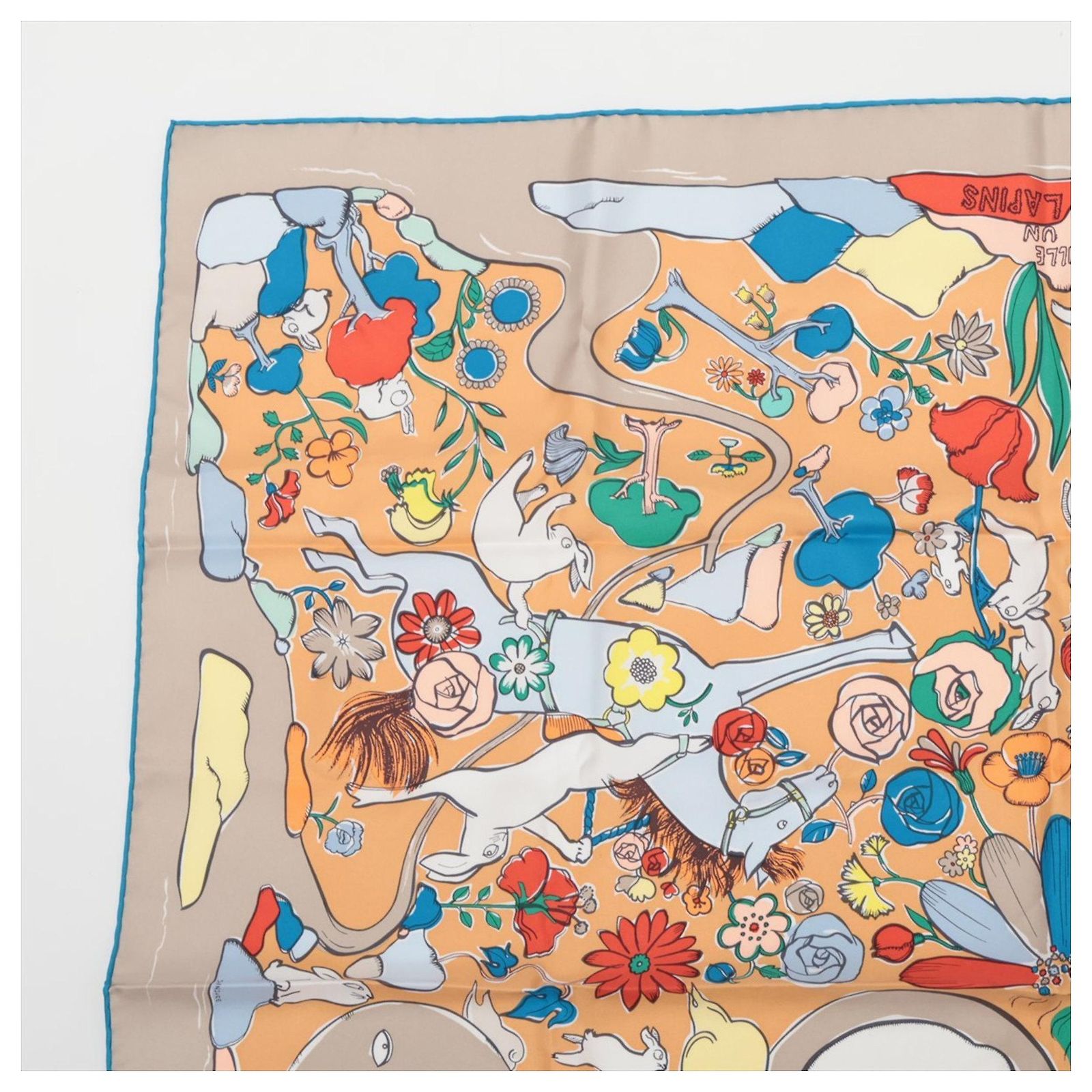 Hermès Hermes Carre 90 MILLE ET UN LAPINS Scarf Beige Silk ref