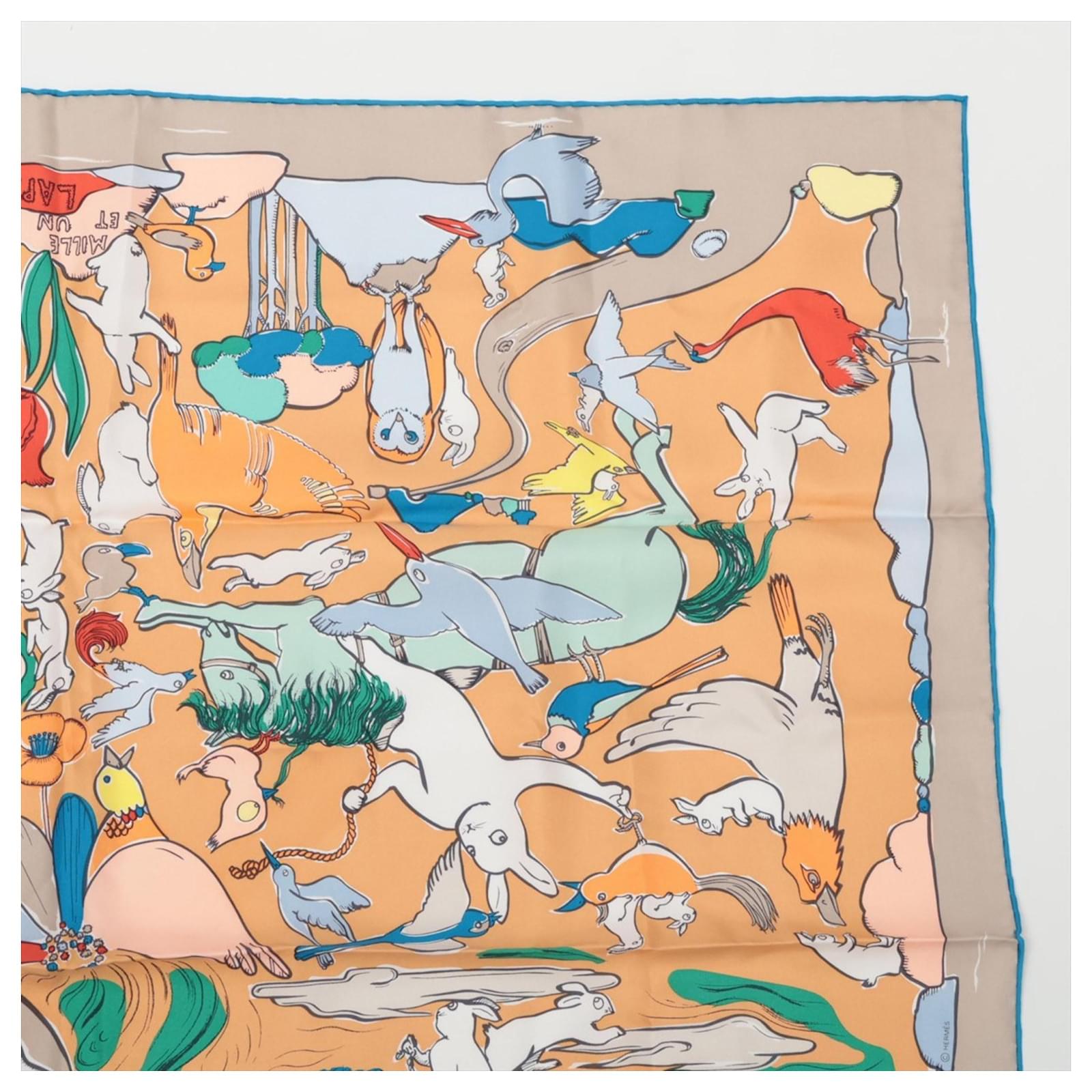 Hermès Hermes Carre 90 MILLE ET UN LAPINS Scarf Beige Silk ref
