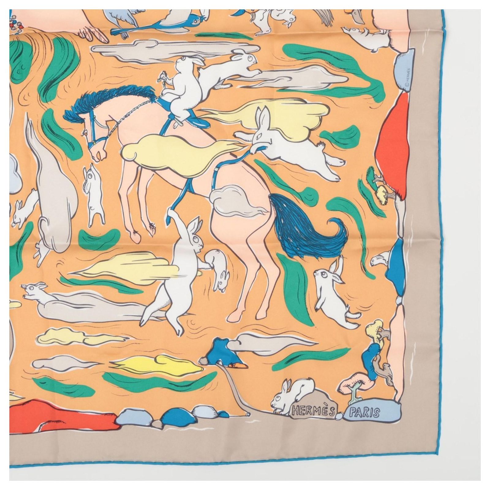 Hermès Hermes Carre 90 MILLE ET UN LAPINS Scarf Beige Silk ref