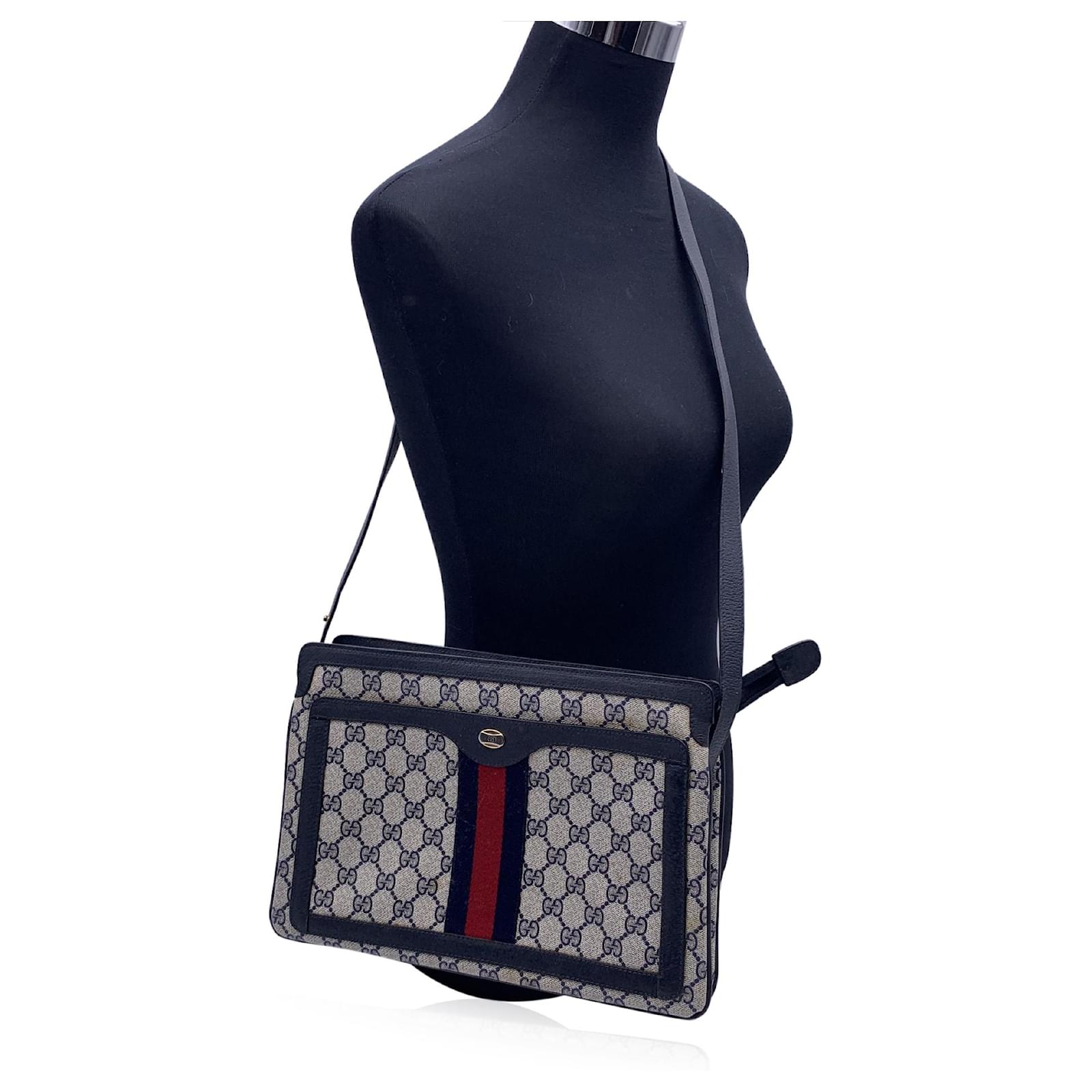 Gucci Vintage Blue Monogram Gussetted Shoulder Bag with Stripes