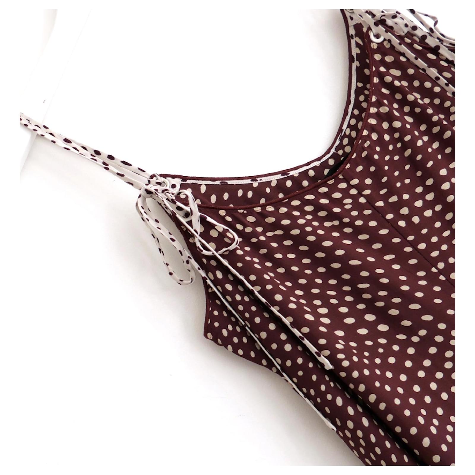 brown polka dot slip dress AZURIERA Marie Silk Polka Dot Slip Dress with Lace Trim