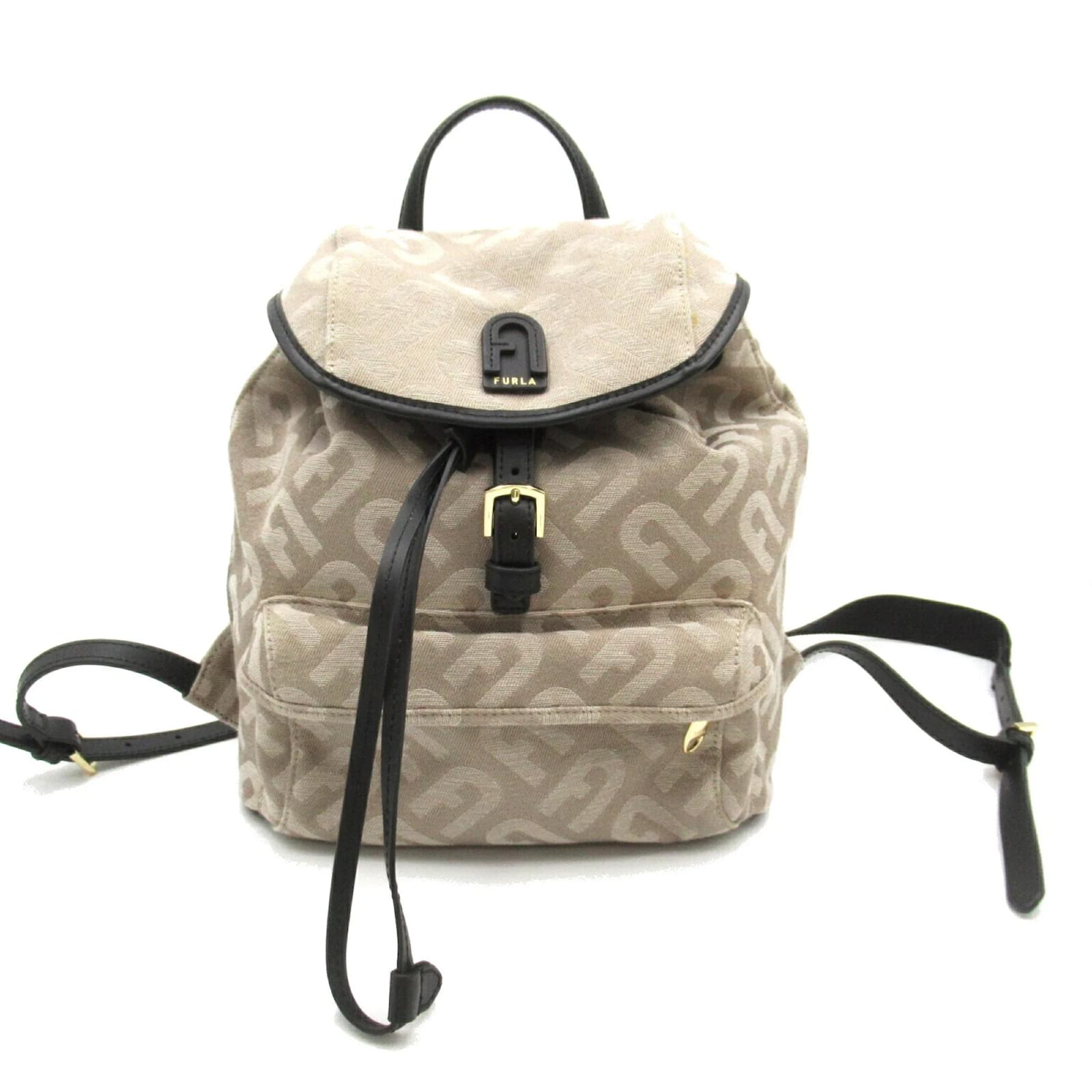 Furla Beige and Black Canvas Leather Backpack Cloth