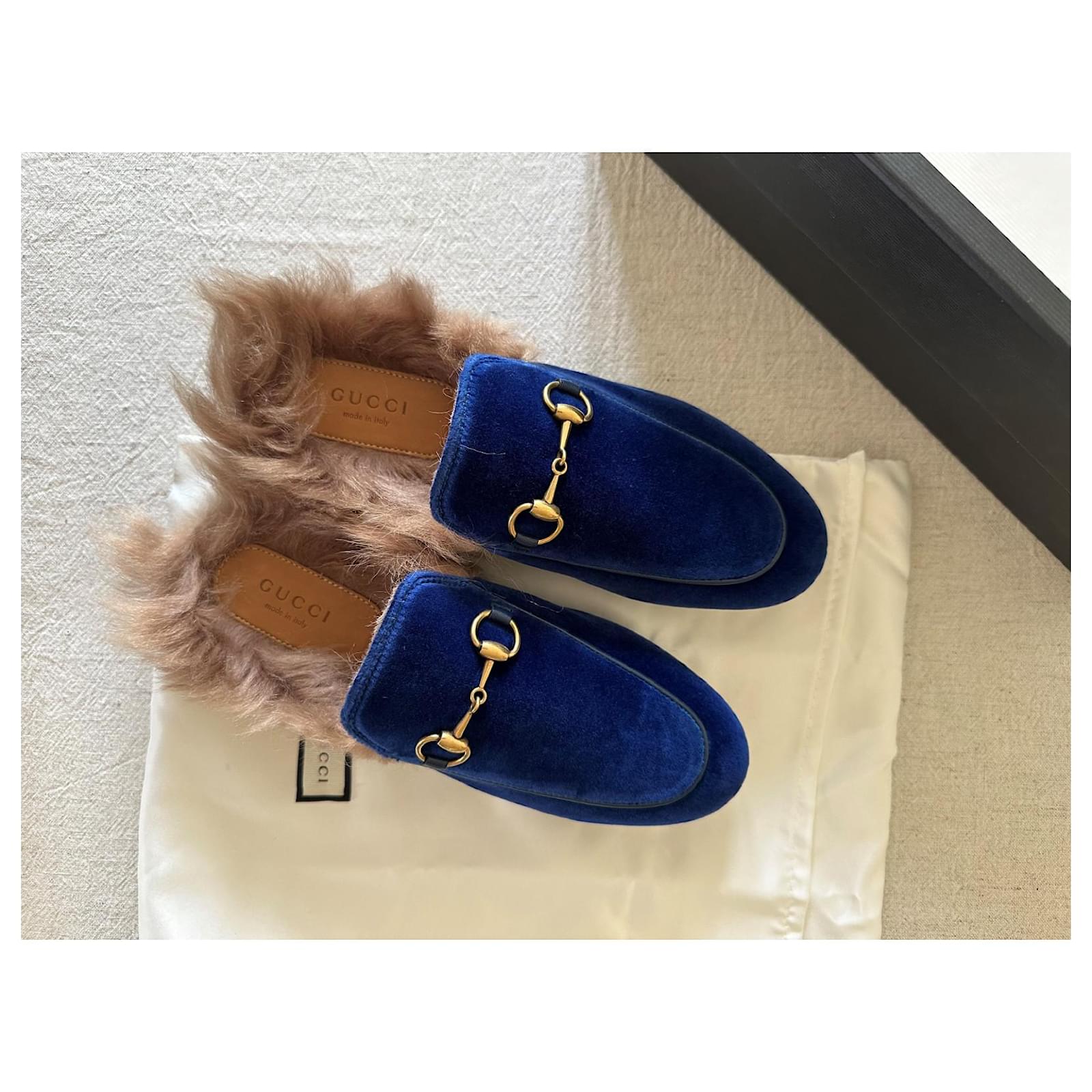 GUCCI Princetown Mule Velvet Slipper Blue ref.1560031 Joli Closet