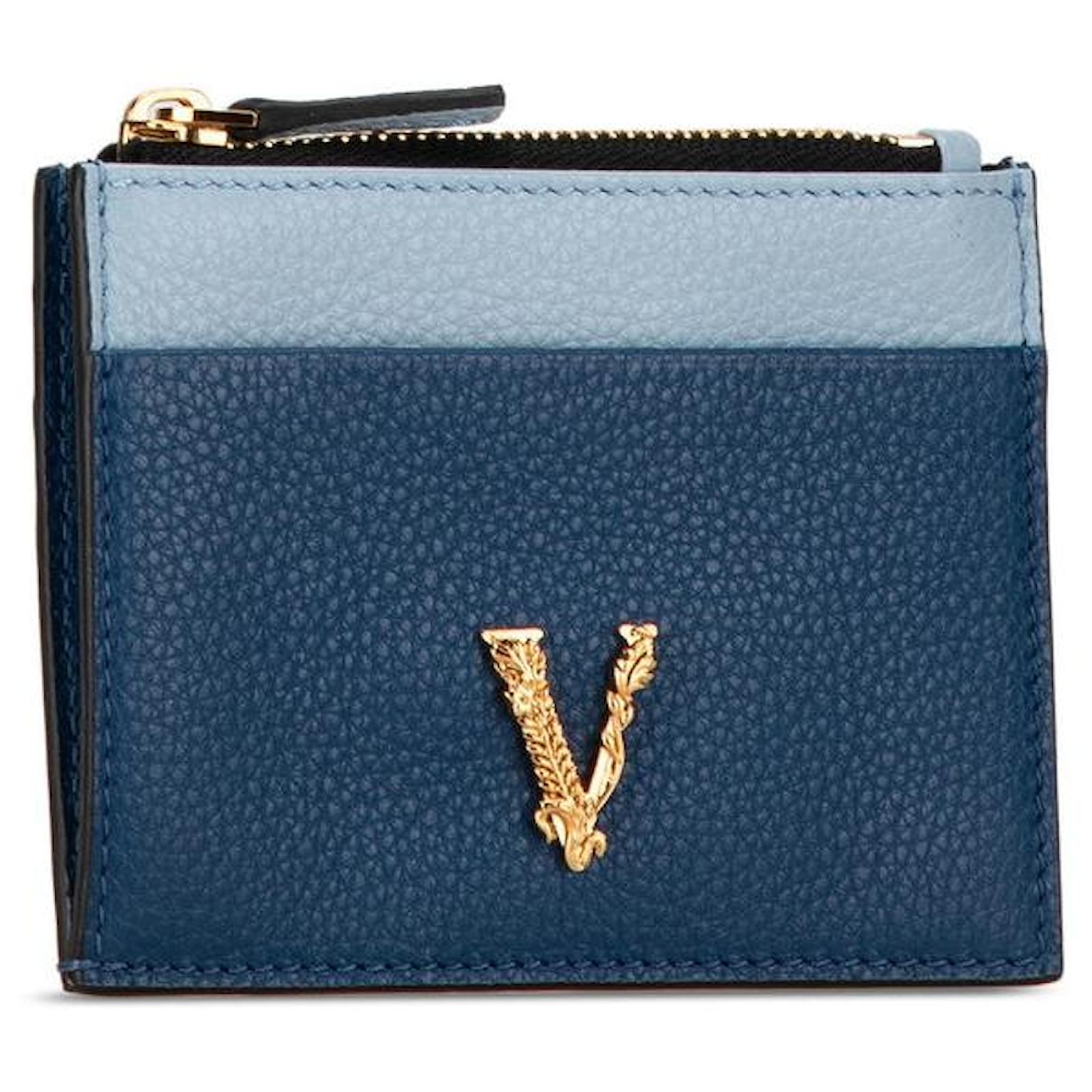 Versace★素敵！Blue Leather Quilted Card Case Compact Wallet Versace Mini Medusa DV Blue Quilted Smooth Nappa Leather