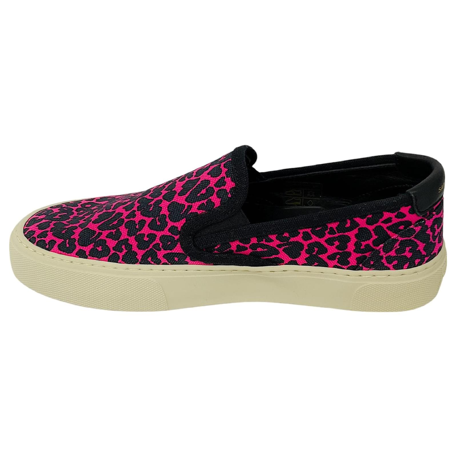 Saint Laurent Pink / Black Printed Canvas Slip-On Sneakers