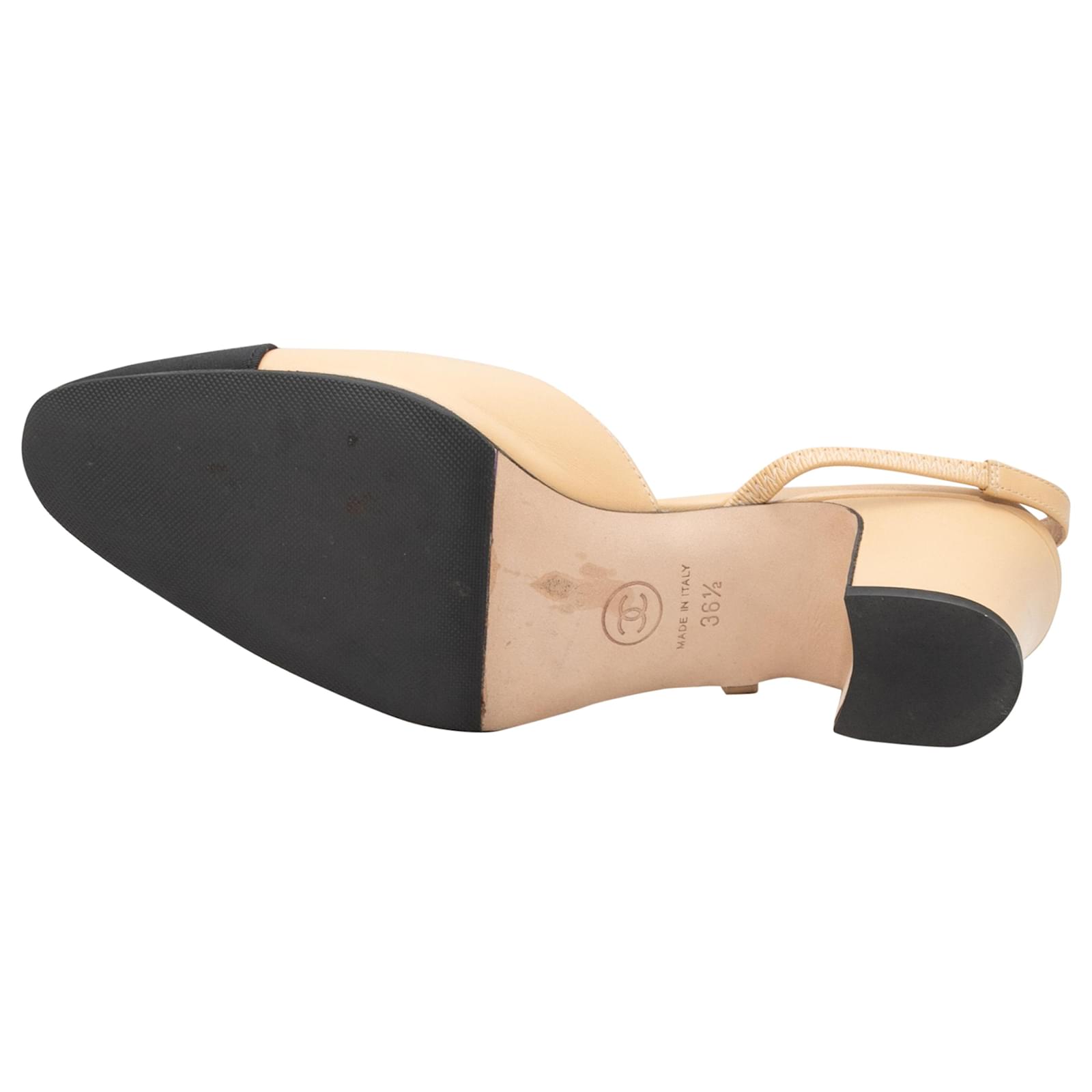 Beige & Black Chanel Cap-Toe Slingback Heels Size 36.5
