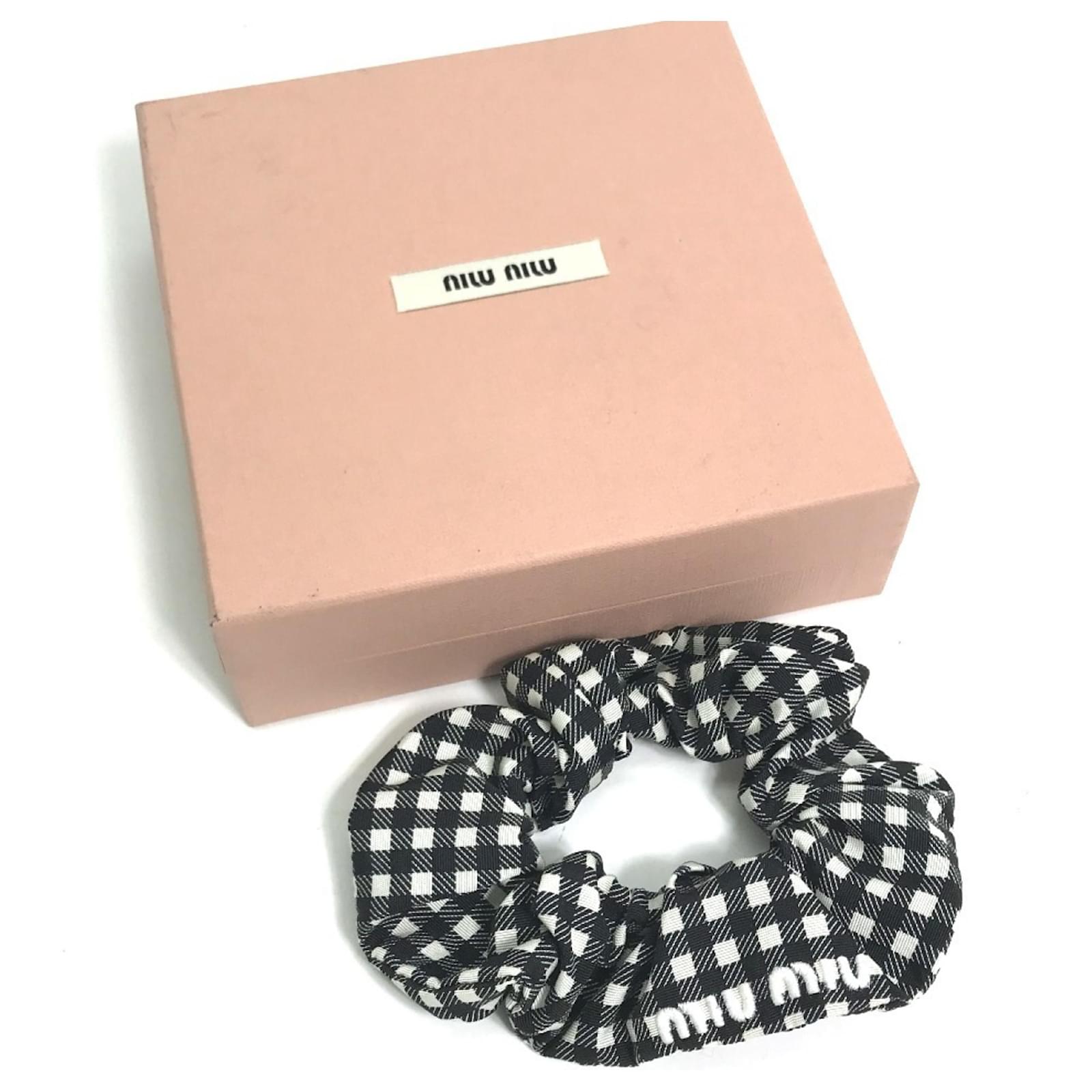 Miu Miu MIU Check Hair Tie Scrunchie Black White Nylon ref