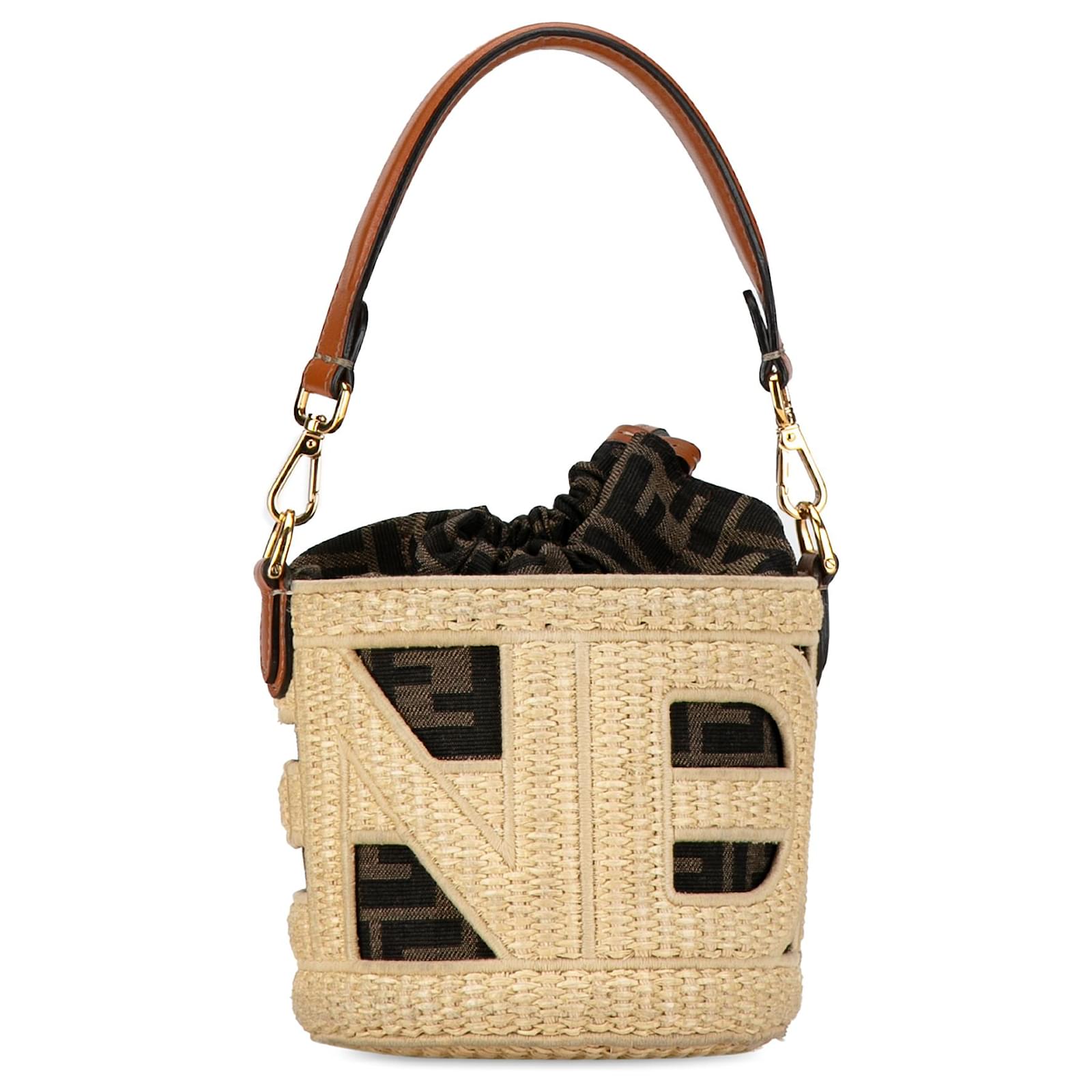 Fendi Brown Mini Straw and Canvas Zucca Step Out Bag Beige ref
