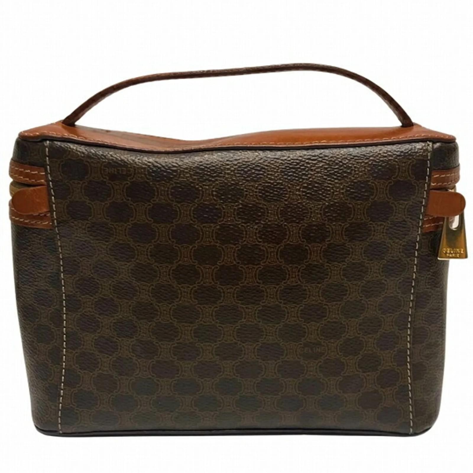 バッグ CELINE Macadam Vanity Pouch Bag tagged Céline Celine Macadam Vanity Bag Pouch Brown Leather Plastic