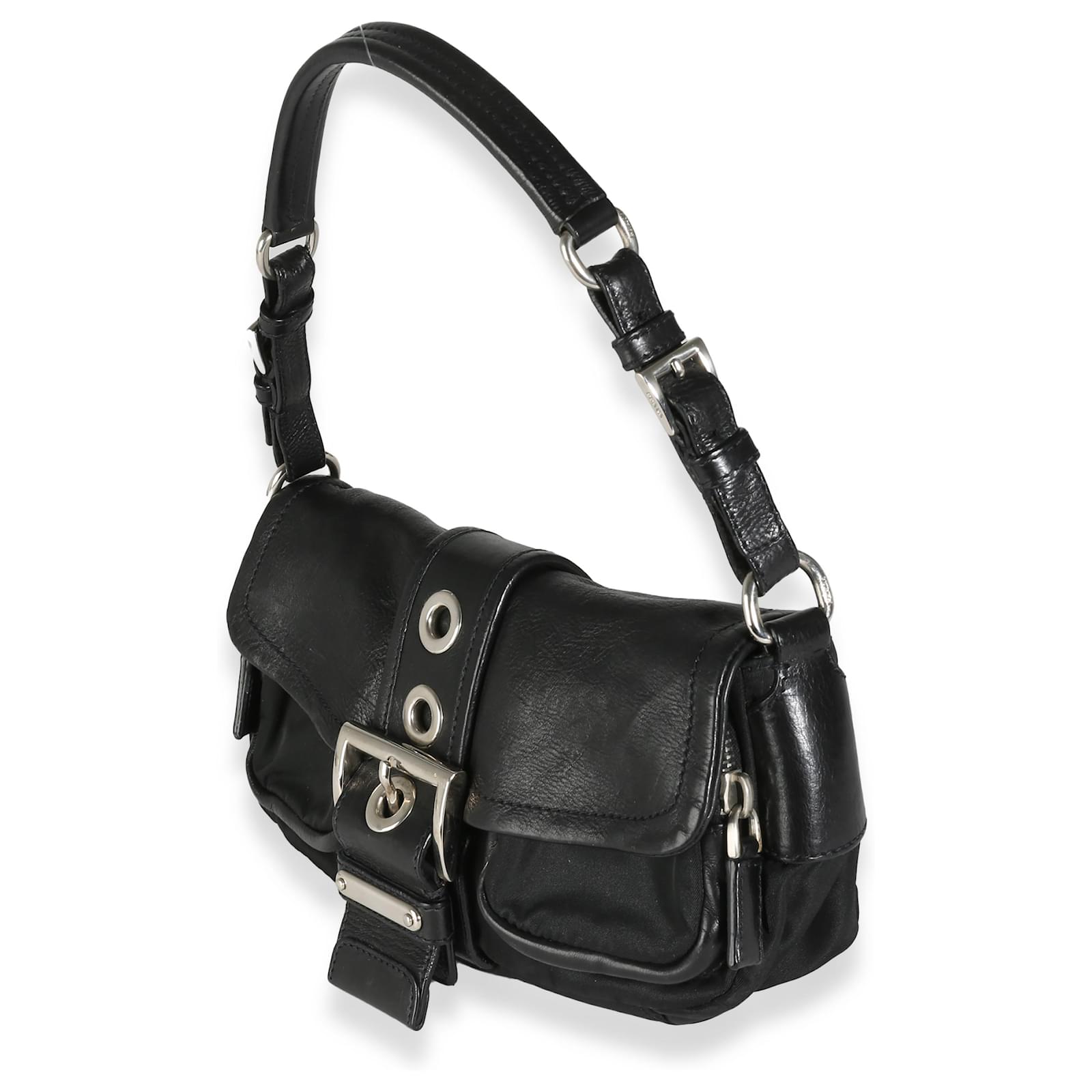 Prada Black Calfskin Nylon Front Buckle Shoulder Bag Leather