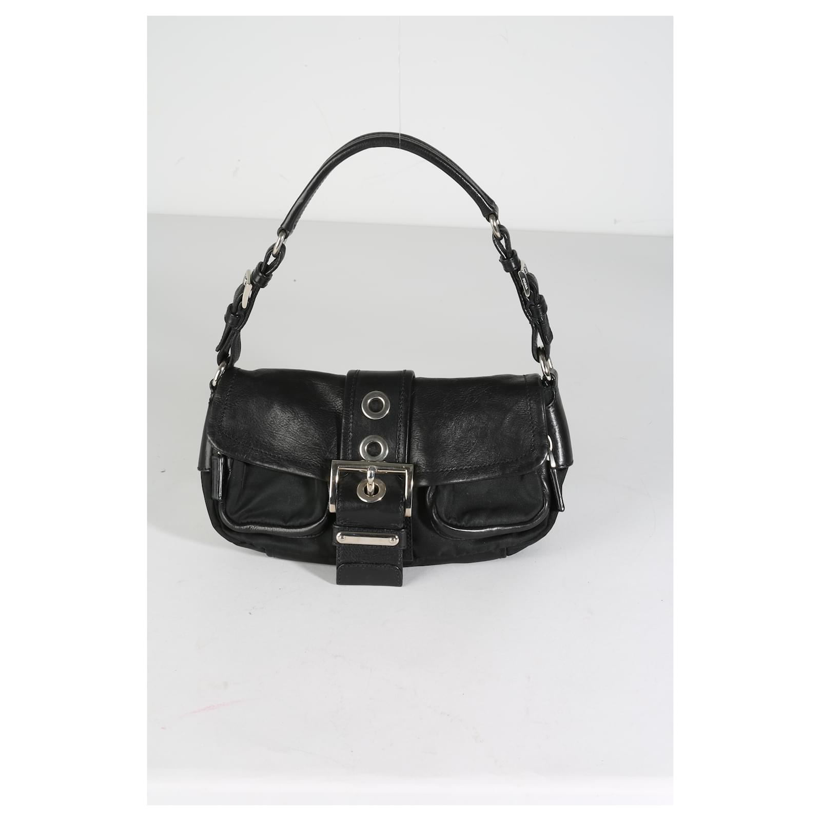 Prada Black Calfskin Nylon Front Buckle Shoulder Bag Leather ref