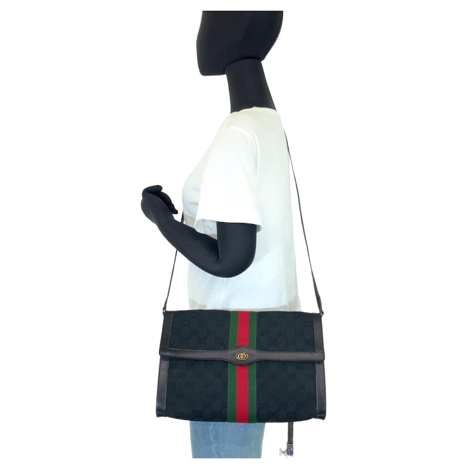 Gucci Vintage GG Canvas Leather Shoulder Bag Black Cloth ref