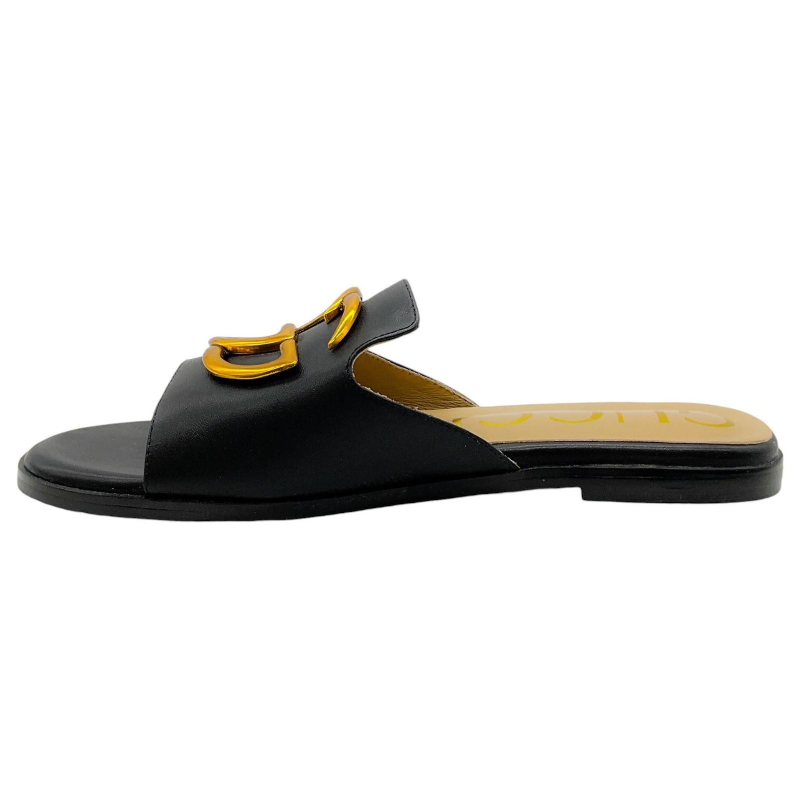 Authentic Gucci Black and Yellow Slide Sandals Gucci Nappa Matelasse GG Marmont Flat Slide Sandals 40 Black  main image 2