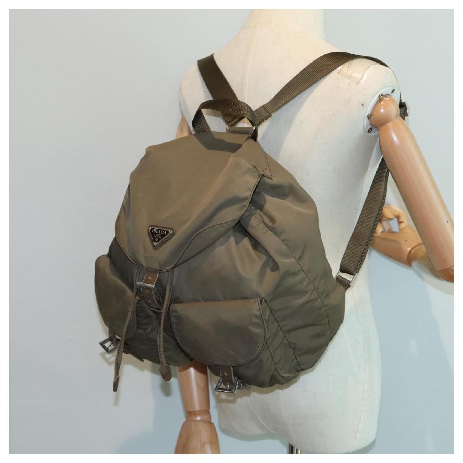 PRADA Backpack Nylon Brown Silver Auth 151264 PRADA Backpack Nylon Khaki Silver Auth mr1625 Silvery ref  main image 2