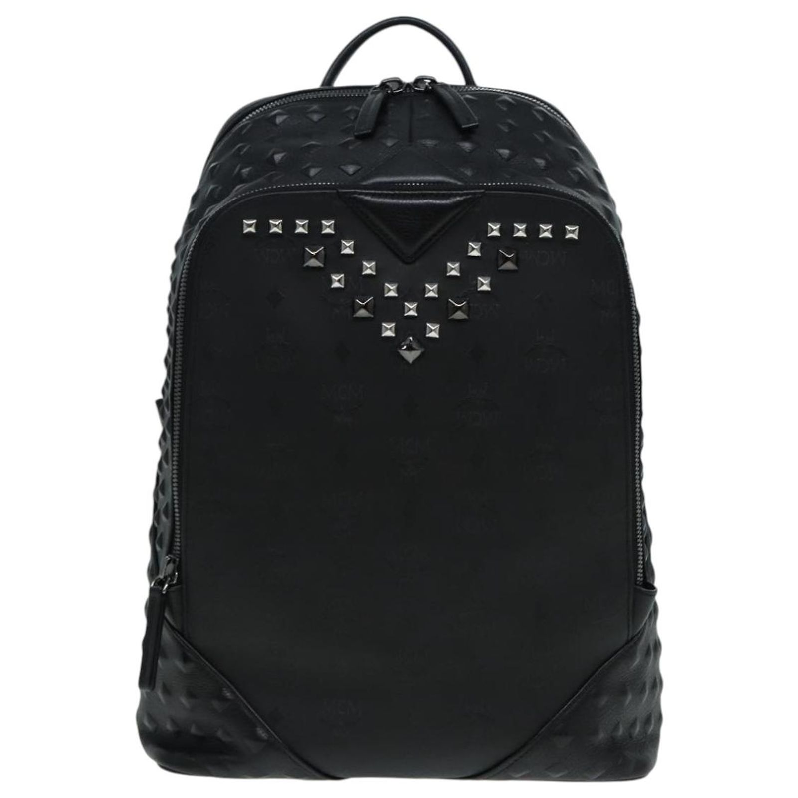 MCM Vicetos Logogram Studs Backpack PVC Black Auth ac3197 
