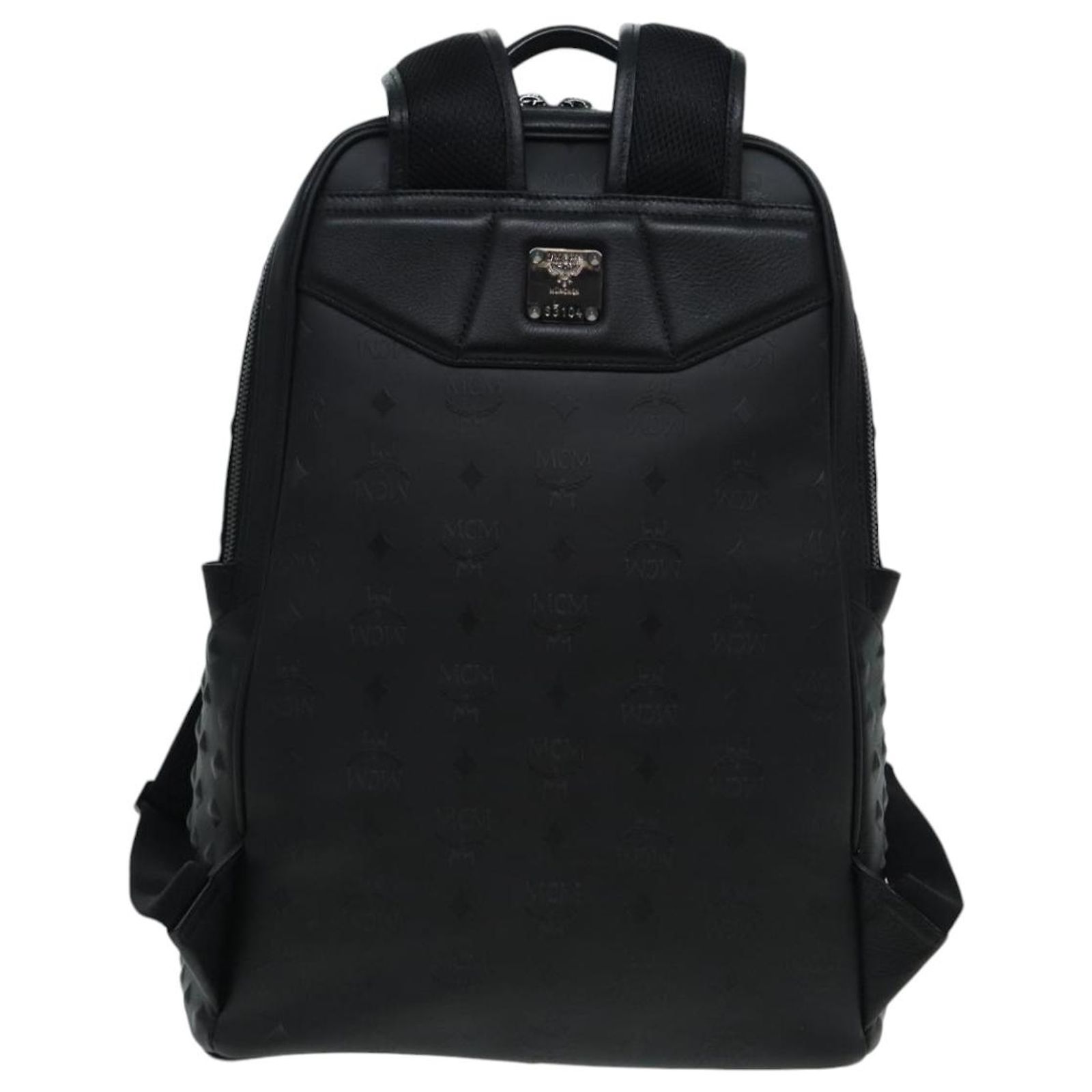 MCM Vicetos Logogram Studs Backpack PVC Black Auth ac3197 