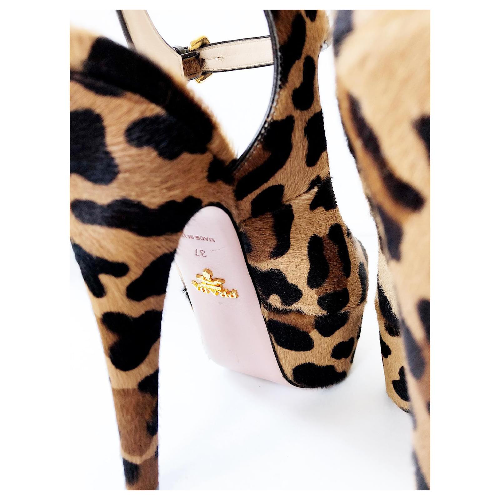 Prada Beige Brown & Black Leopard Print Pony Hair Open Toe Pumps