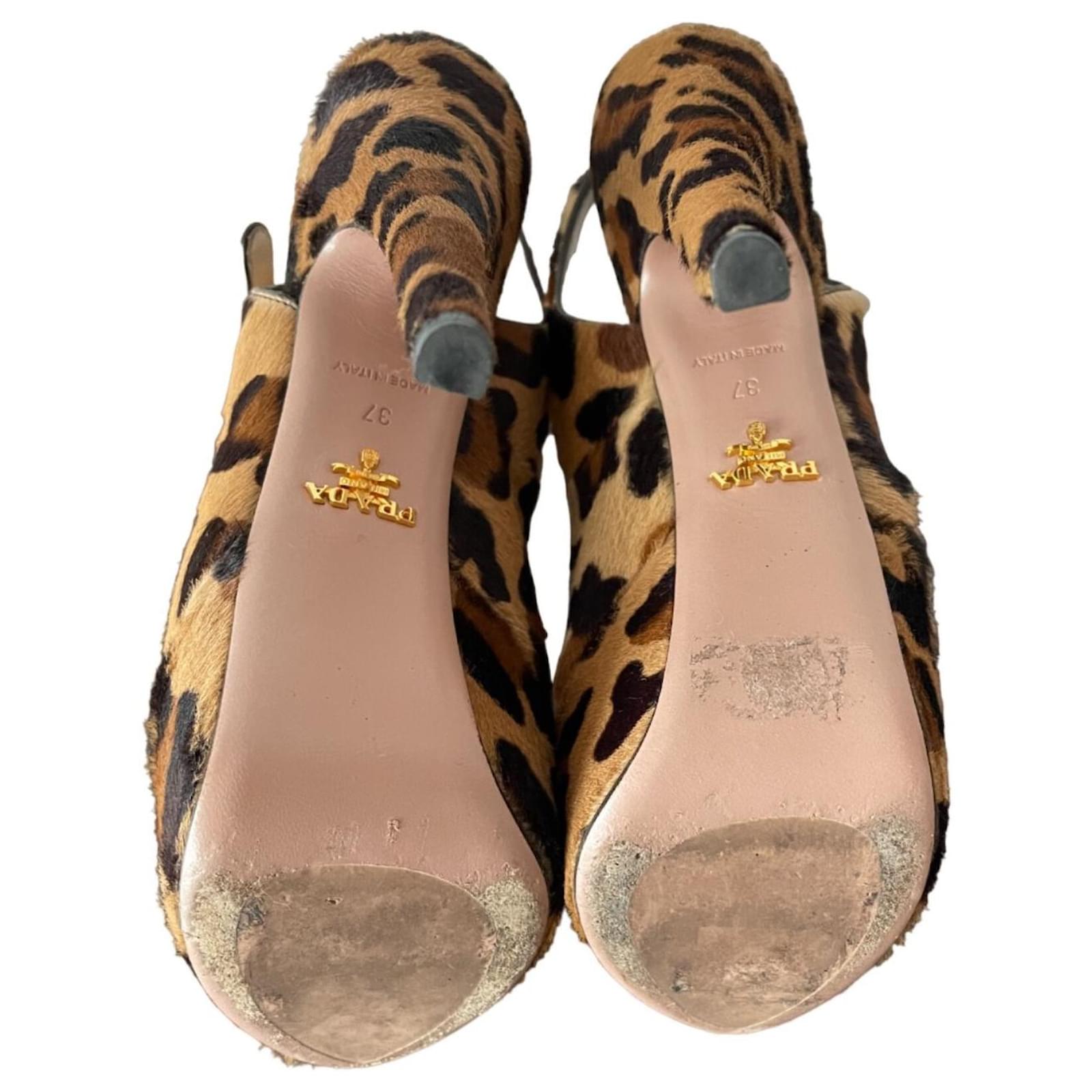Prada Beige Brown & Black Leopard Print Pony Hair Open Toe Pumps