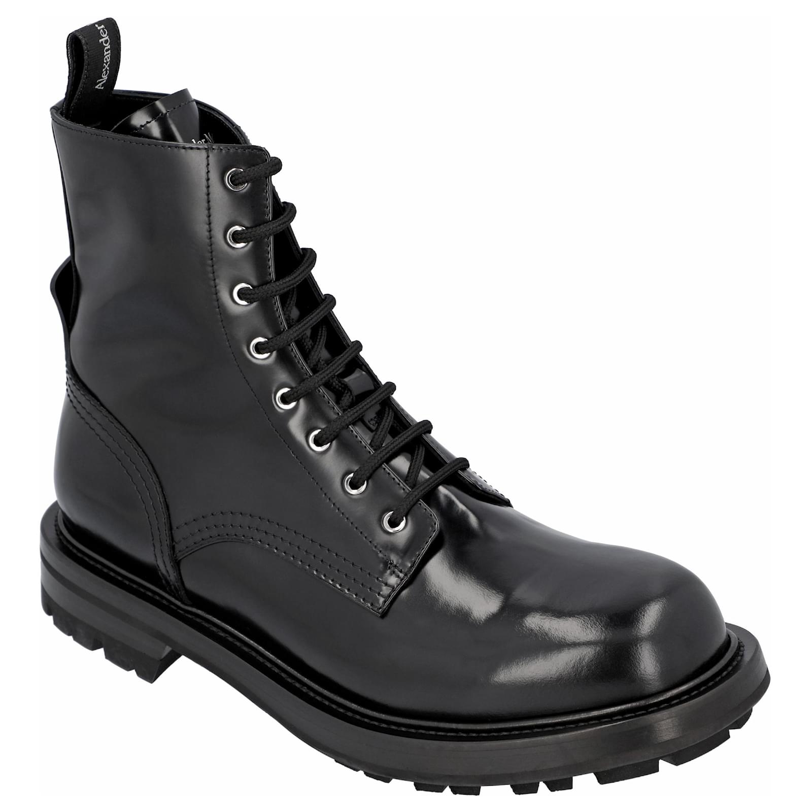 靴 alexander mcqueen combat boots Alexander McQueen Polished Leather Combat Boots 'Black