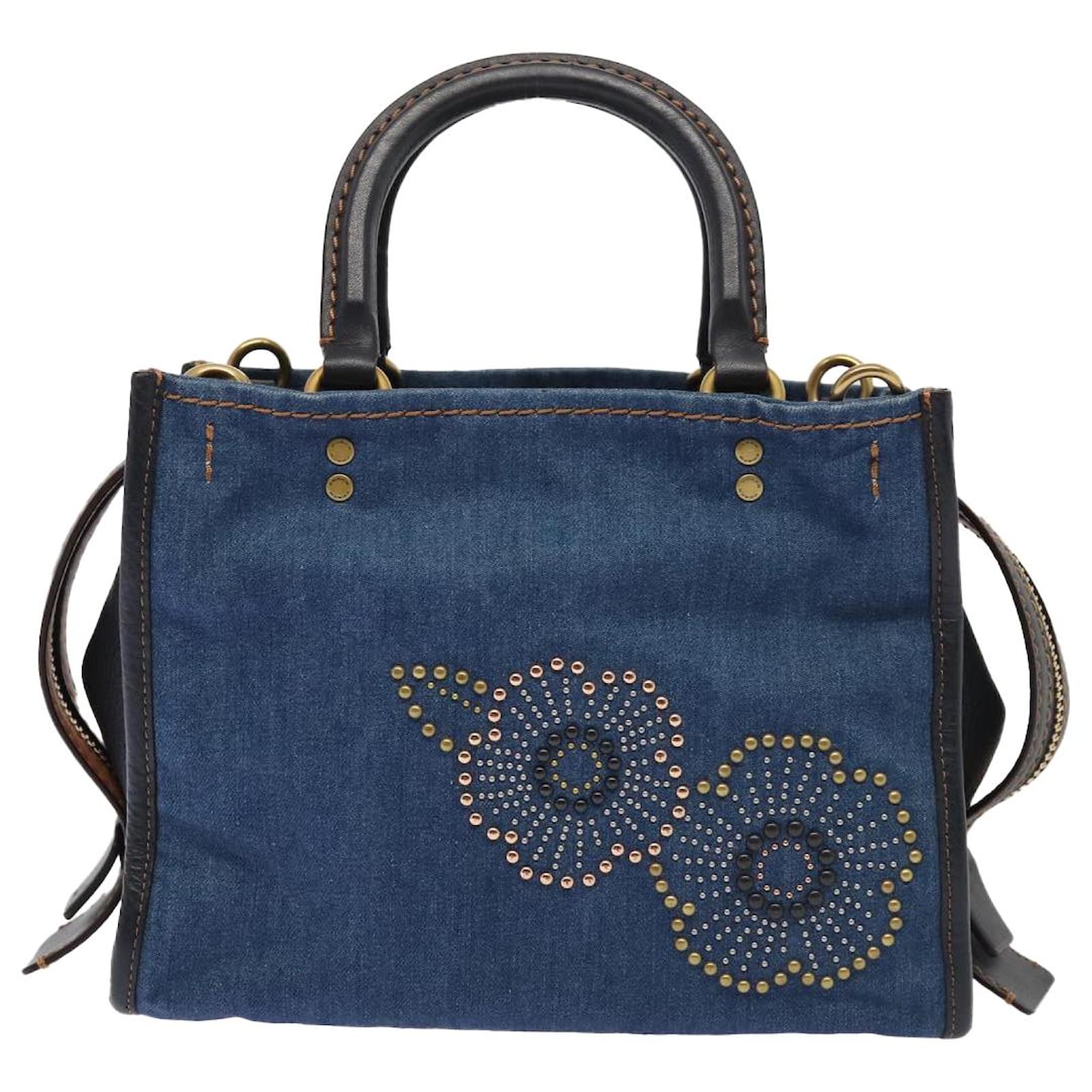 Coach Tea Rose Rogue 25 Handtasche Denim 2 Wege Blau Gold Auth am6757