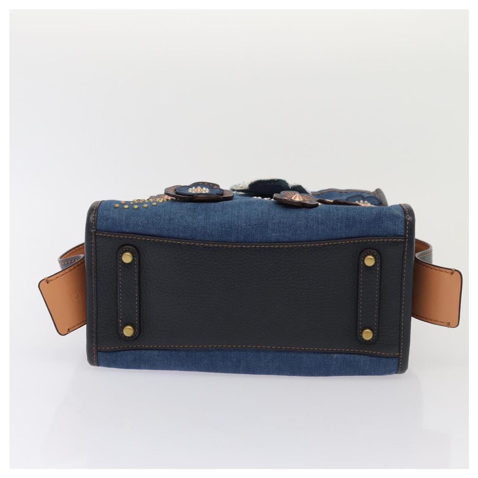 Coach Tea Rose Rogue 25 Hand Bag Denim 2way Blue Gold Auth am6757 