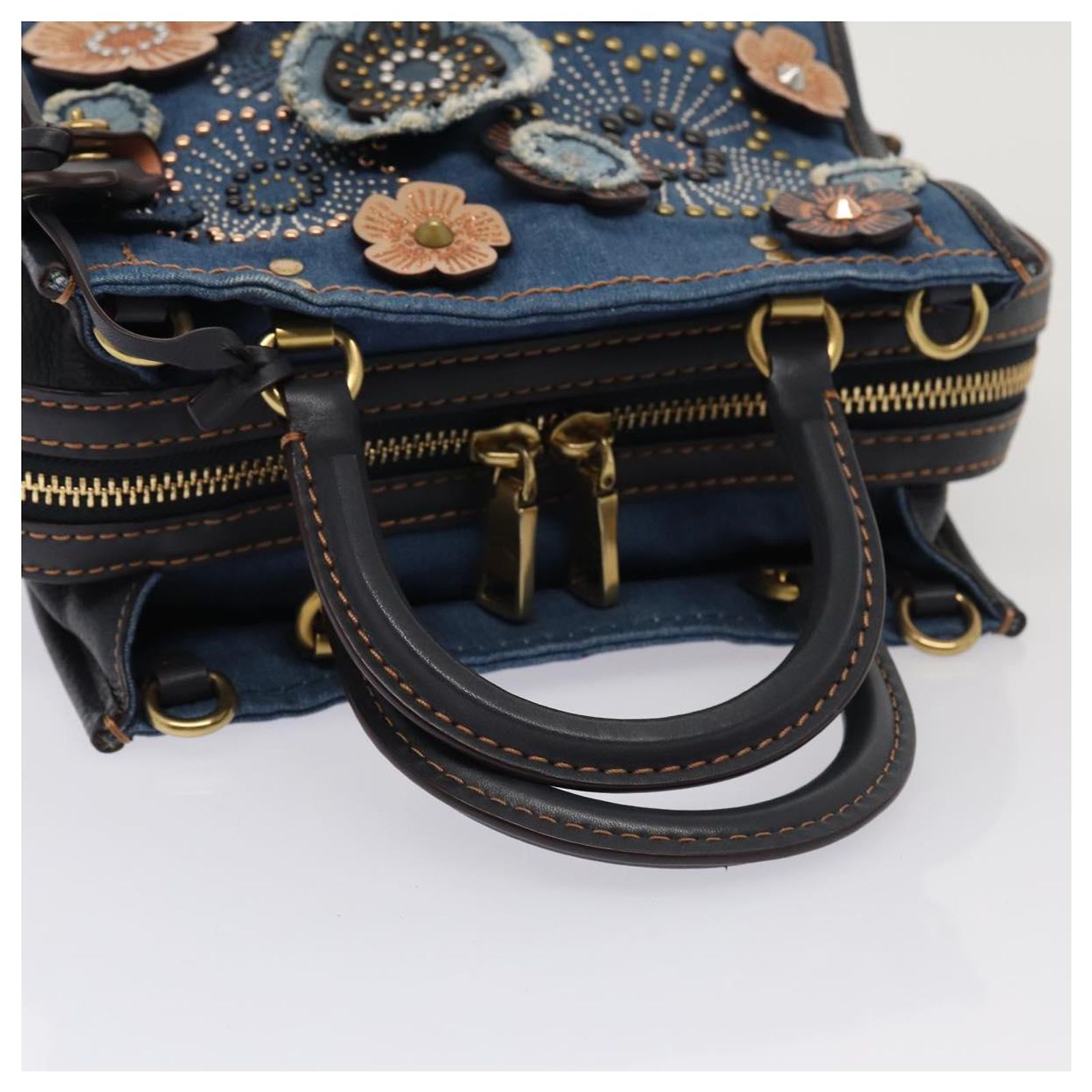 Coach Tea Rose Rogue 25 Hand Bag Denim 2way Blue Gold Auth am6757 
