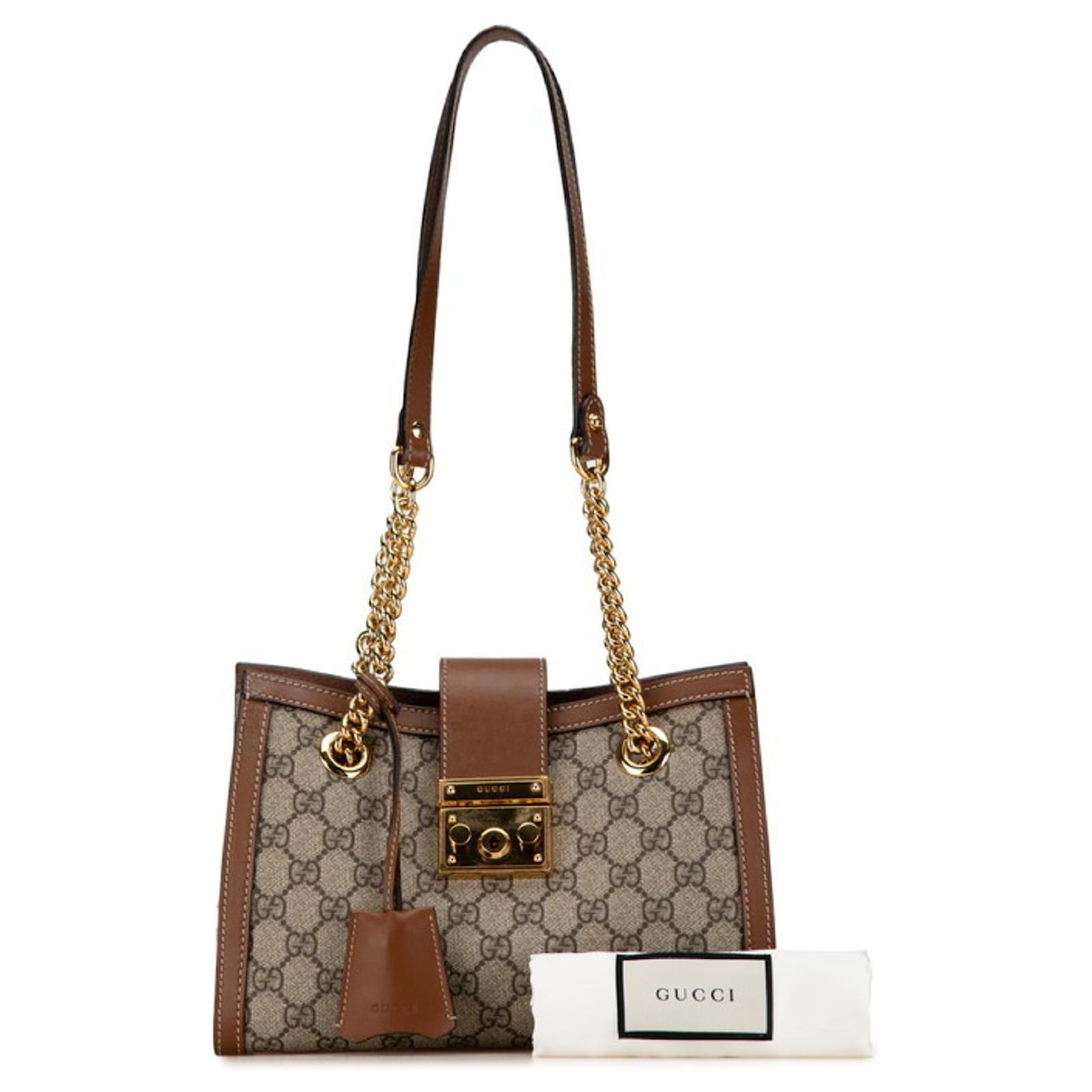Gucci GG Supreme Padlock Chain Shoulder Bag Brown Beige Leather