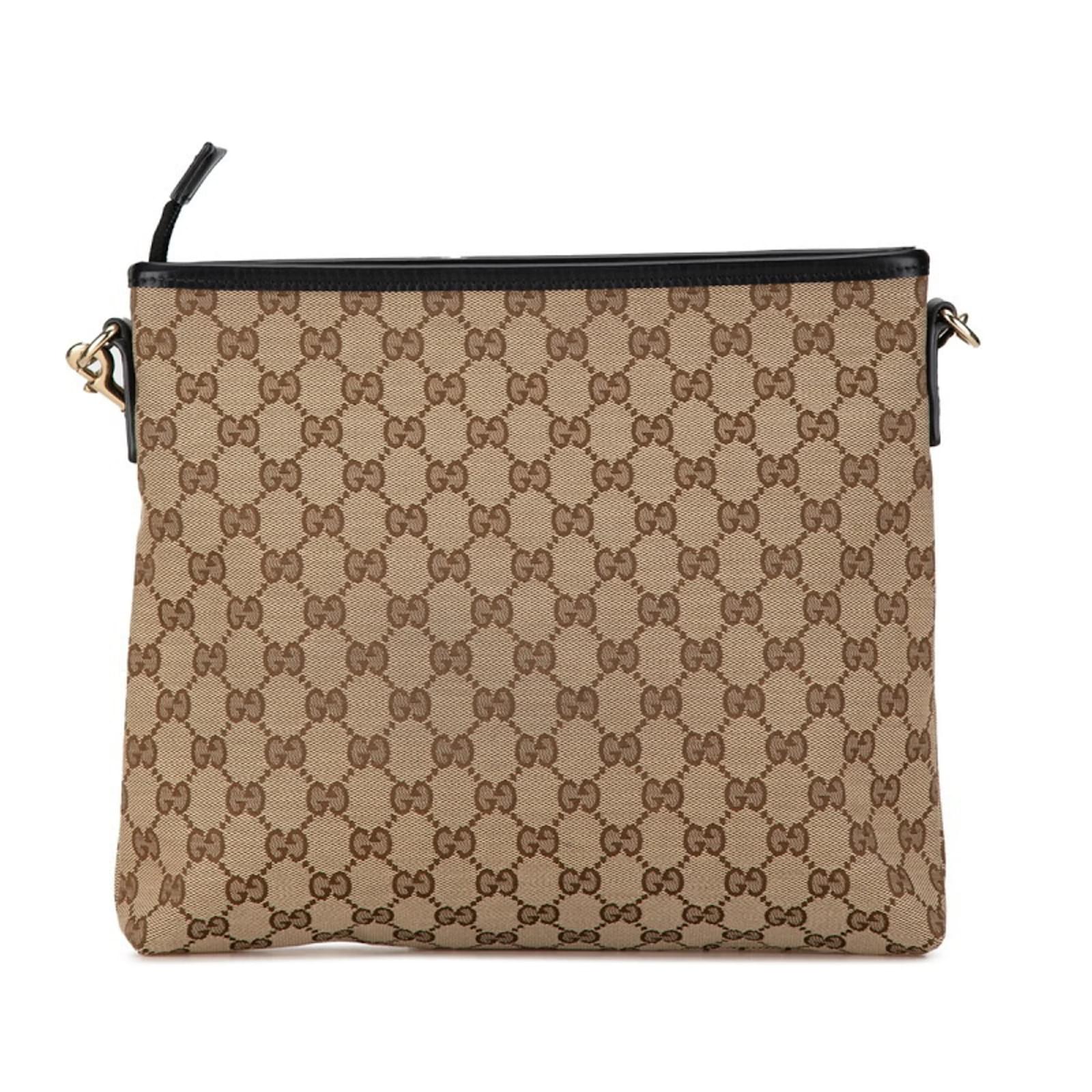 Gucci GG Canvas Sherry Line Shoulder Bag Black Beige Leather Cloth
