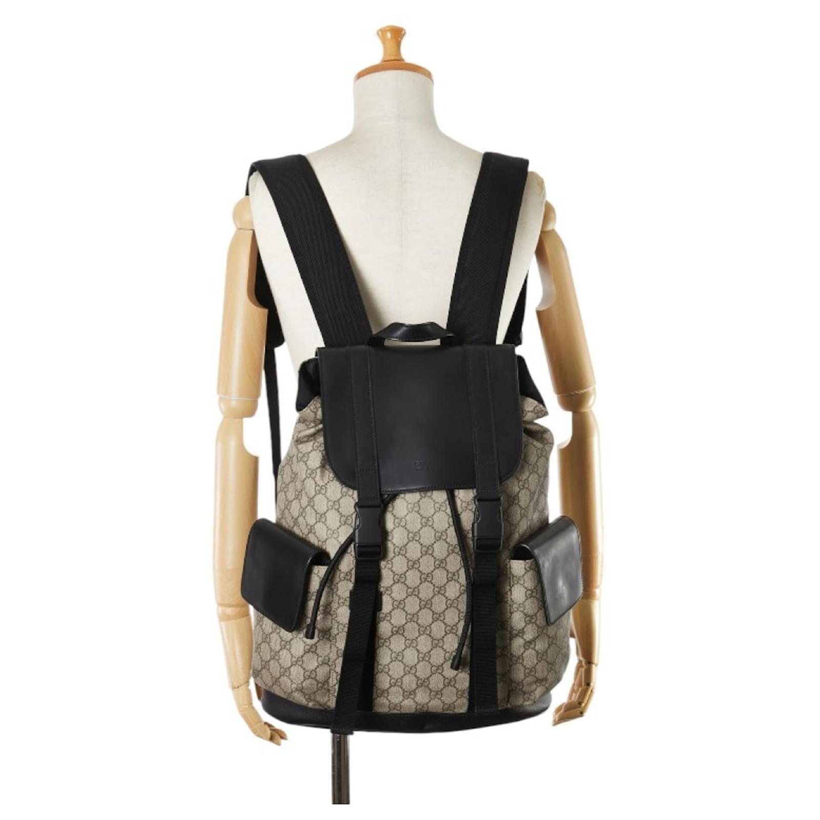 Gucci GG Supreme Backpack Black Beige Leather Cloth
