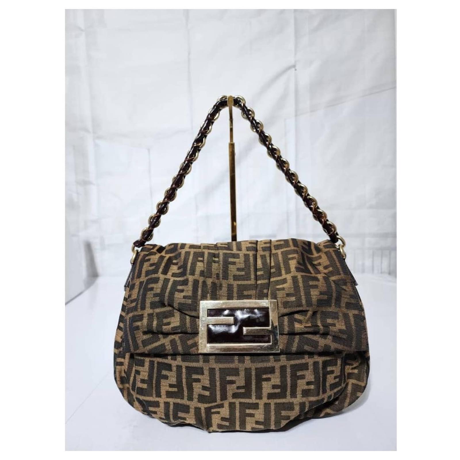 fendi tobacco zucca canvas shoulder bag Fendi Tobacco Zucca Canvas Mia Flap Shoulder Bag Brown Leather Cloth  ref.1602386