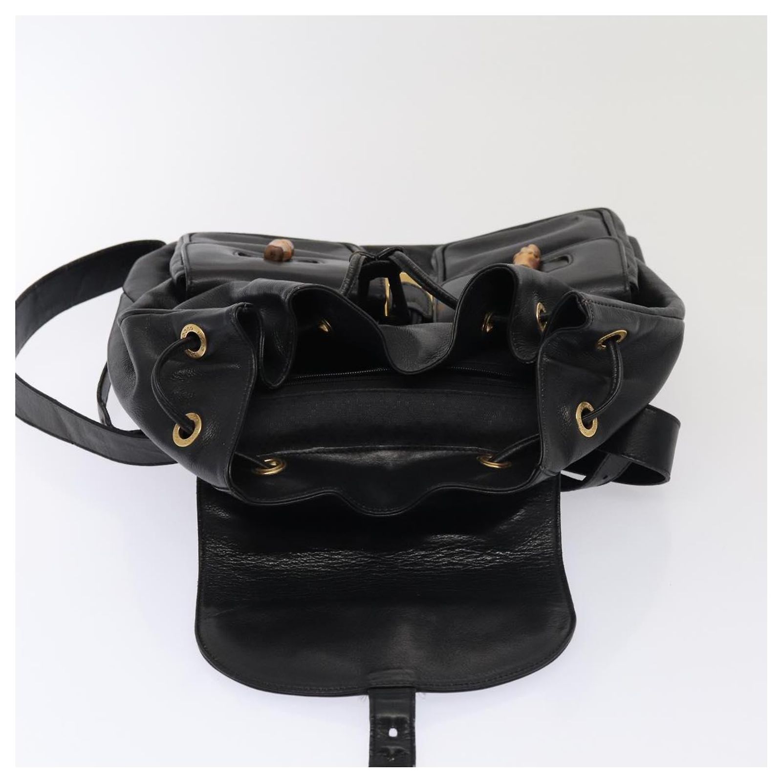 GUCCI Bamboo Backpack Leather Black Gold 003 2058 0016 Auth 