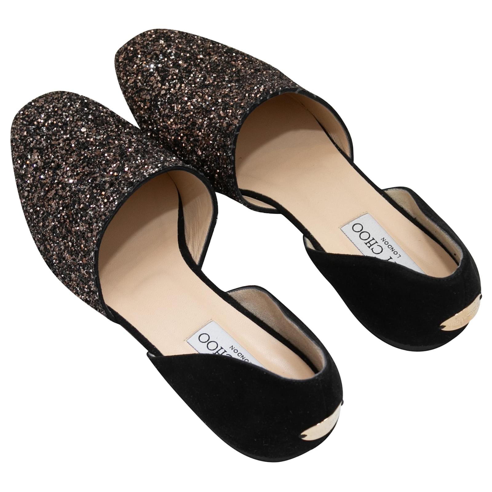 Black Gold Jimmy Choo Suede Glitter d'Orsay Flats Size