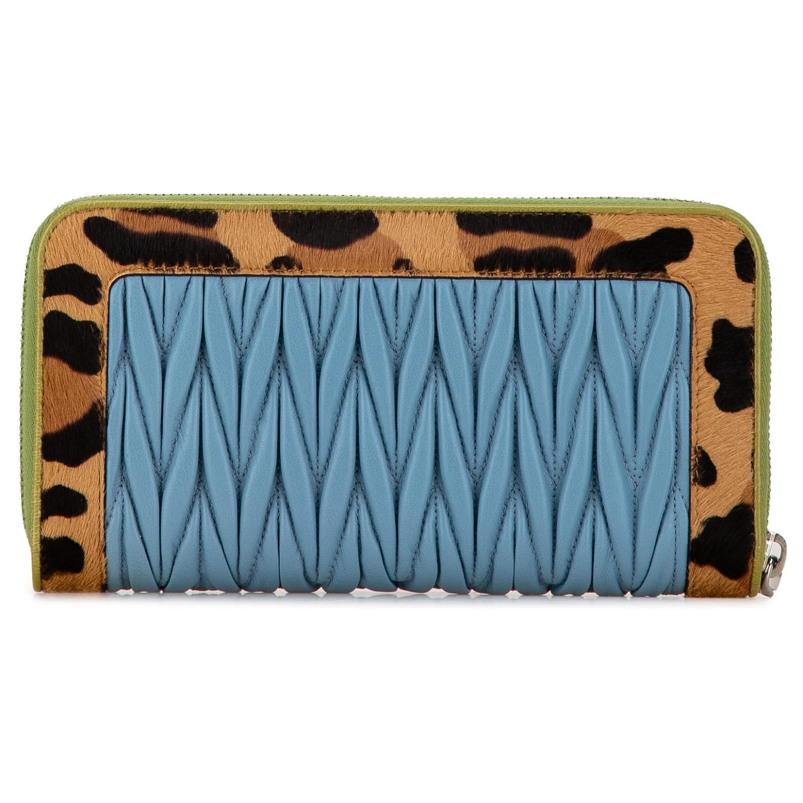 Miu Miu Blue Cavallino Leopard Print Nappa Matelasse Wallet