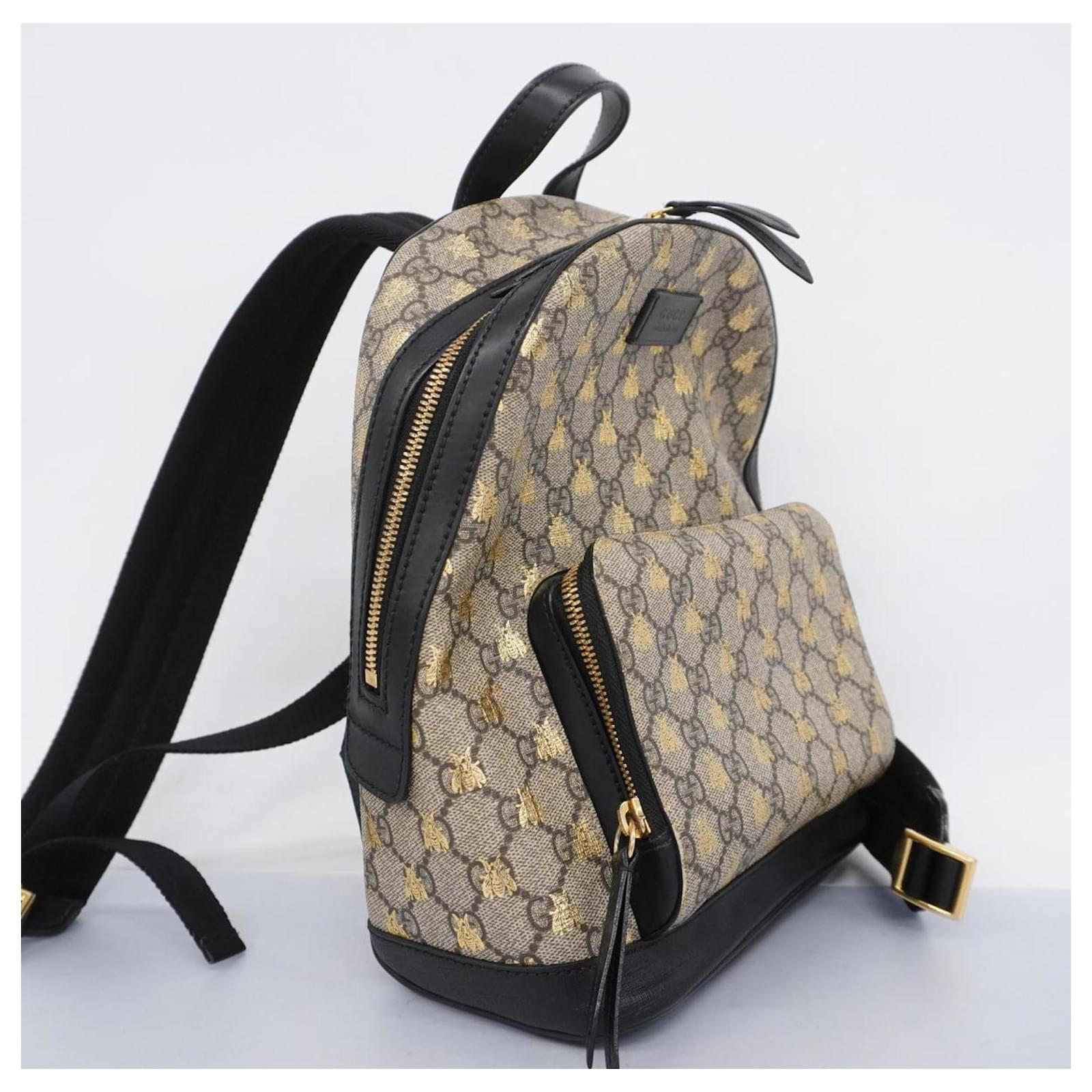Gucci GG Supreme Bee Backpack Brown Black Golden Leather Plastic