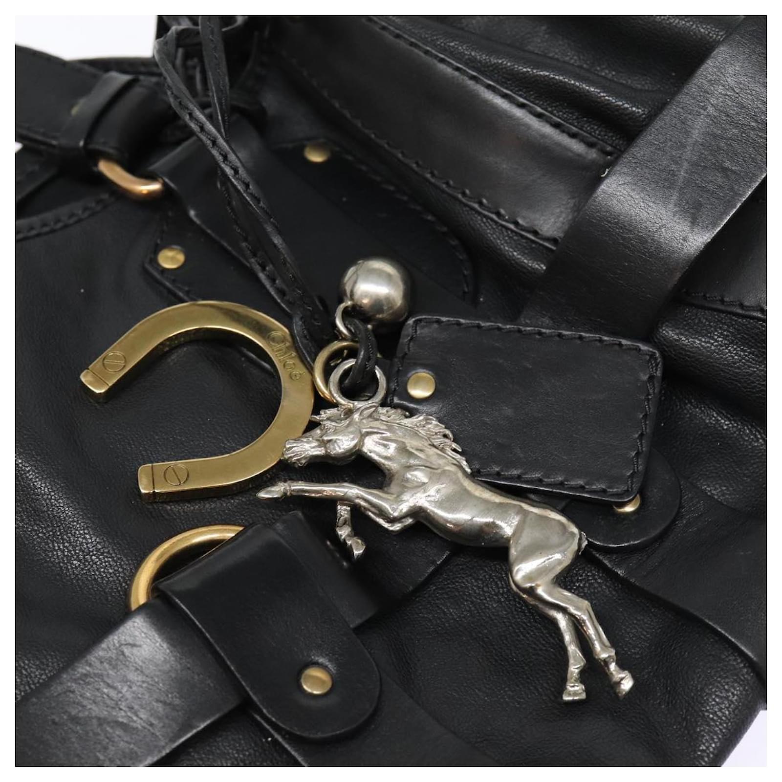 Chloé Chloe Kerala Horse Hand Bag Leather Black Gold Auth mr416