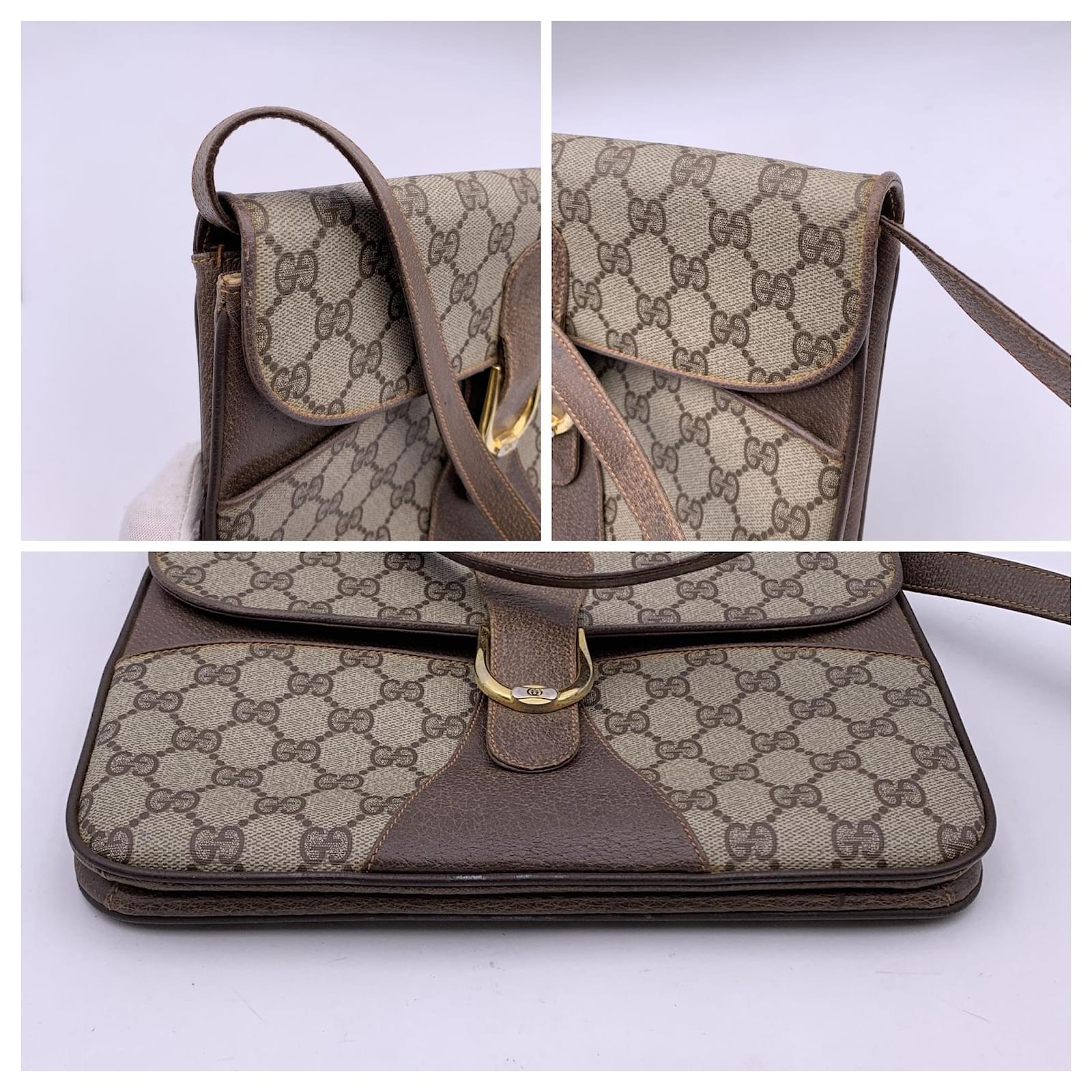Gucci Vintage Beige Monogram Canvas and Leather Shoulder Bag