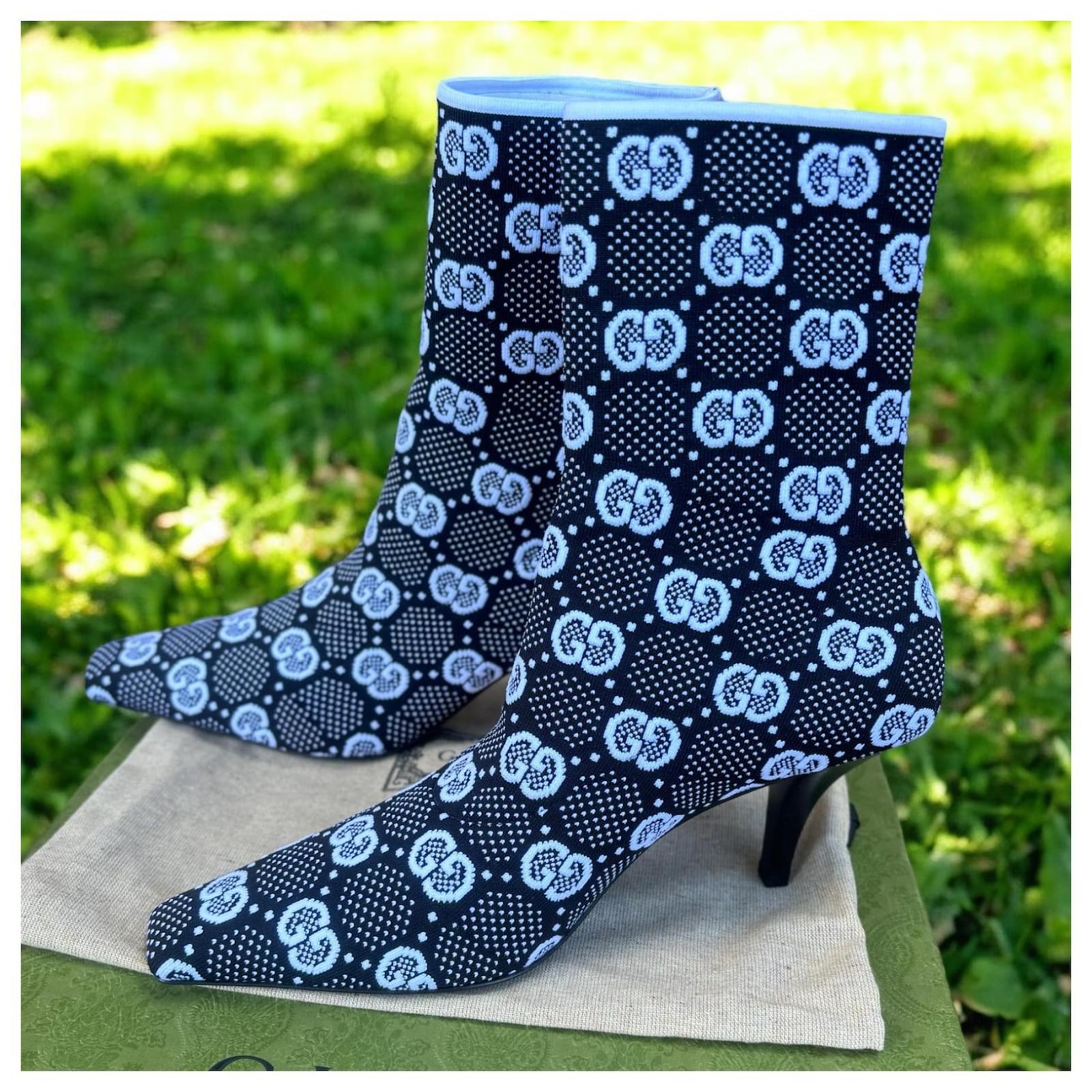 Gucci GG knit Pointy Toe Boots Black White Cloth ref.1606720