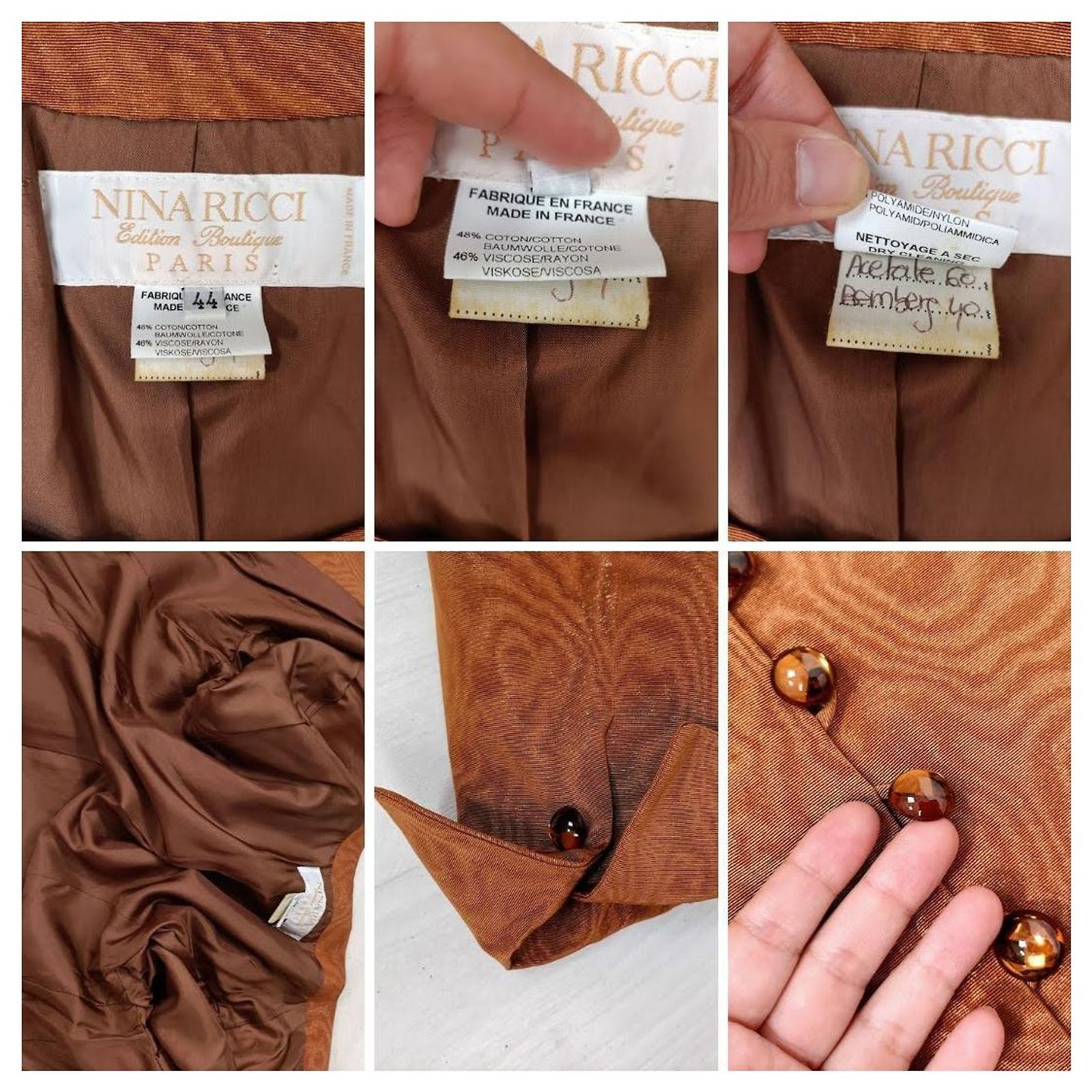 Vintage 80s Nina Ricci jacket Brown Orange Bronze Cotton Viscose 