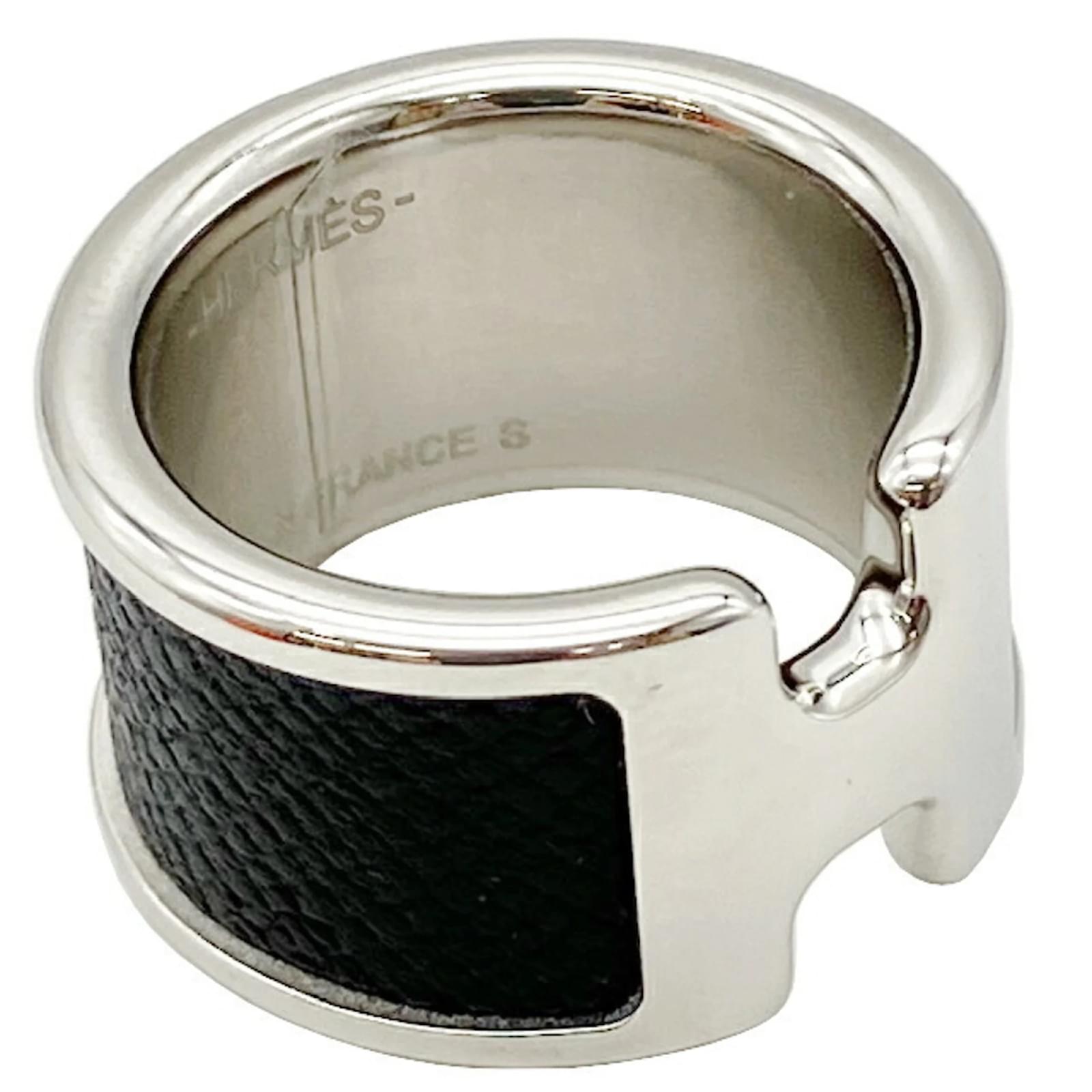 ♢HERMES♢Olympre♢GM♢ Hermès Hermes Olympe GM Ring H Black Silvery Leather Metal
