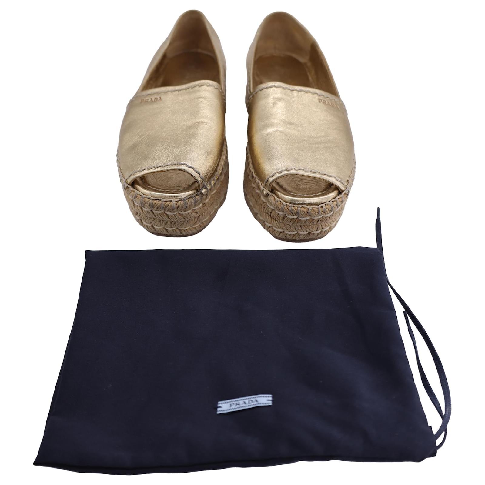 Prada Peep Toe Platform Espadrille Shoes in Metallic Gold