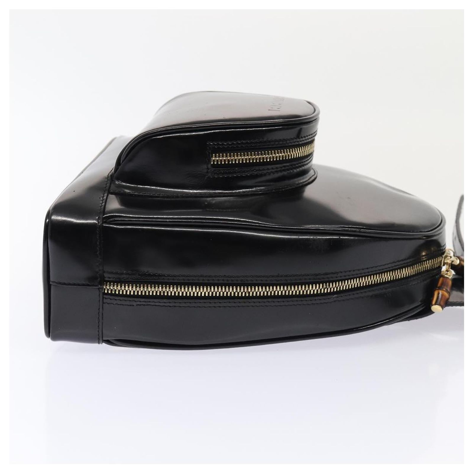 GUCCI Bamboo Body Bag Patent leather Black Gold RARE Vintage Gucci Bamboo & Black Patent Leather Satchel Bag  main image 3
