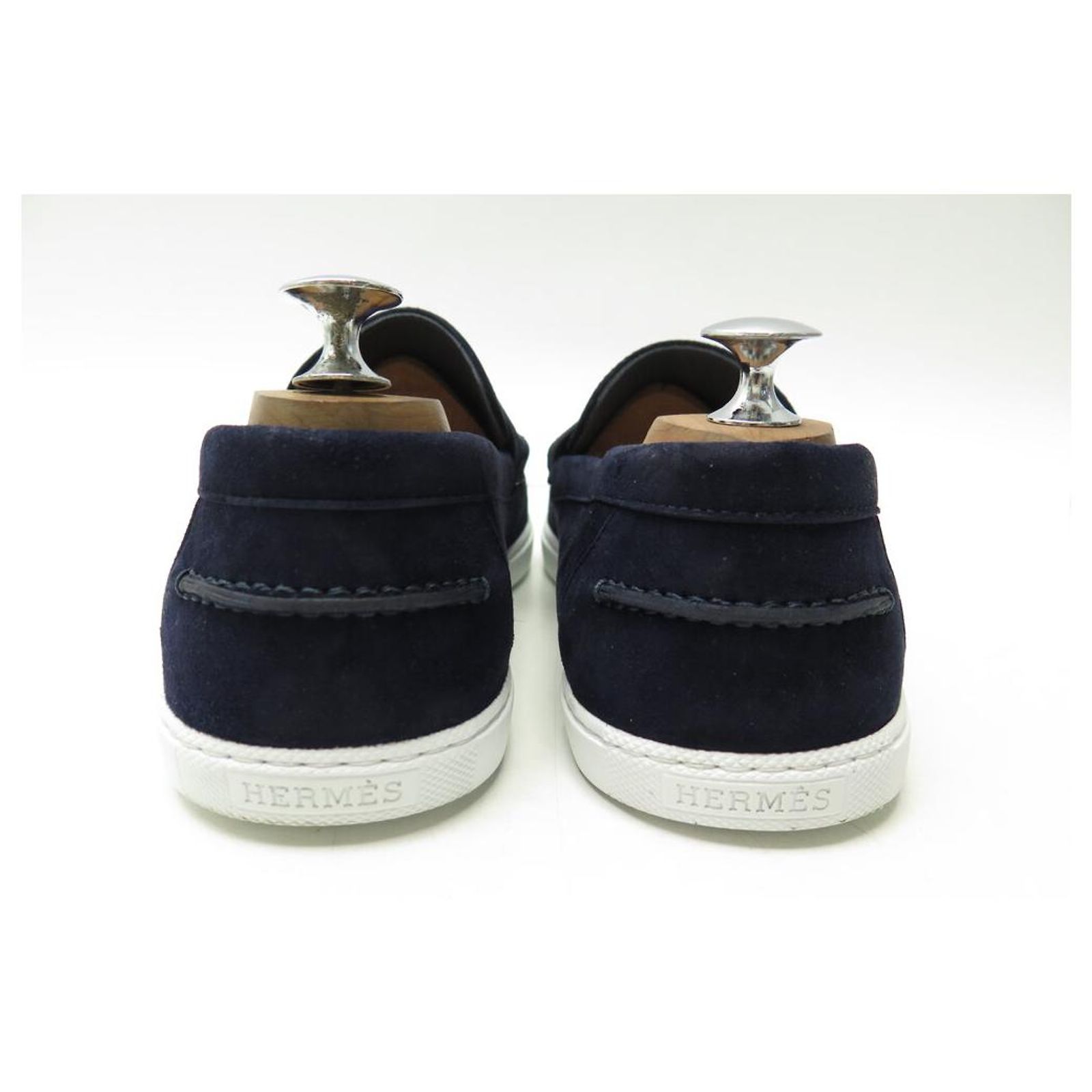 Hermes Navy Blue Slip-On Loafers Hermes Suede Goatskin Womens Royal Loafers 35.5 Bleu Celeste  main image 3