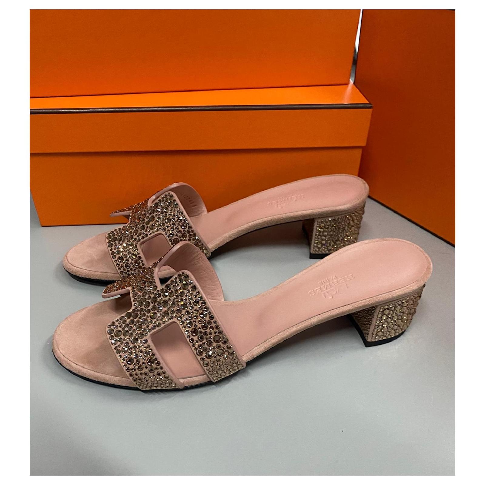 Hermès Hermes Oasis sandals with heel and rhinestones Pink Beige